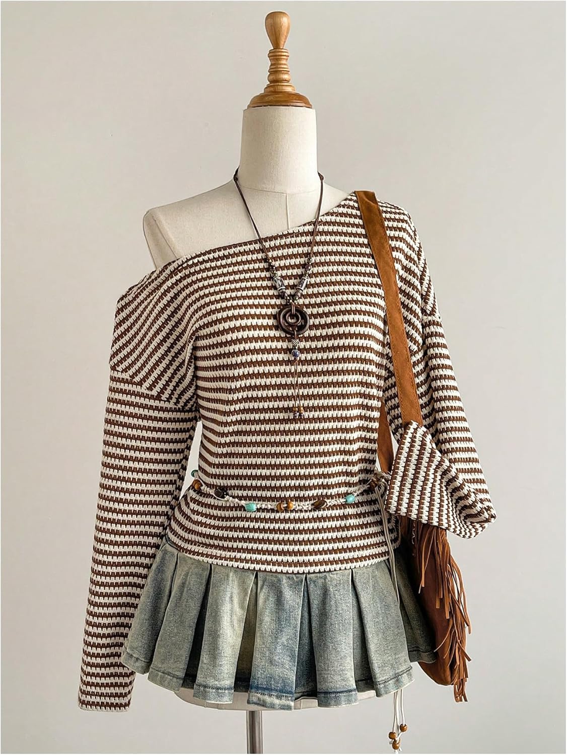 SweatyRocks Women's Striped Off The Shoulder Tops Long Sleeve Waffle Knit T Shirts Fall Outfits - Image 3