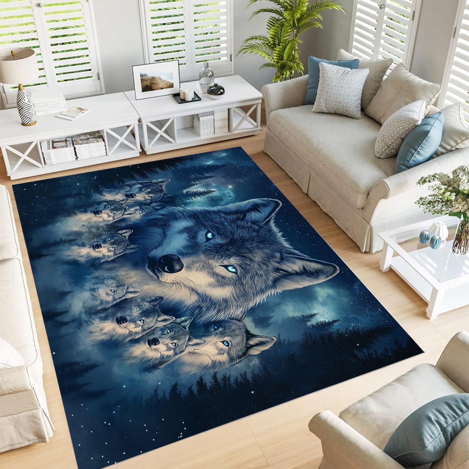 Tapis Loups Étoilés Abstrait Moderne | Matière Douce Haute Densité 60x90