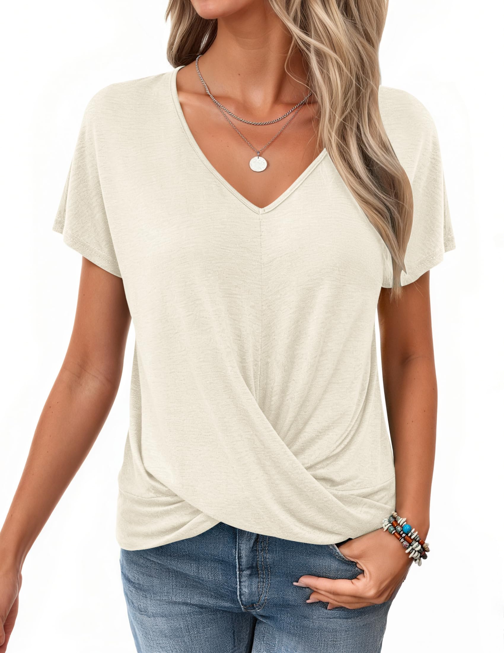 WNEEDU Tshirt Damen Sommer-V Ausschnitt Kurzarm T-Shirt Damen Elegant Twist Front Oberteile Bluse Basic Top lässige