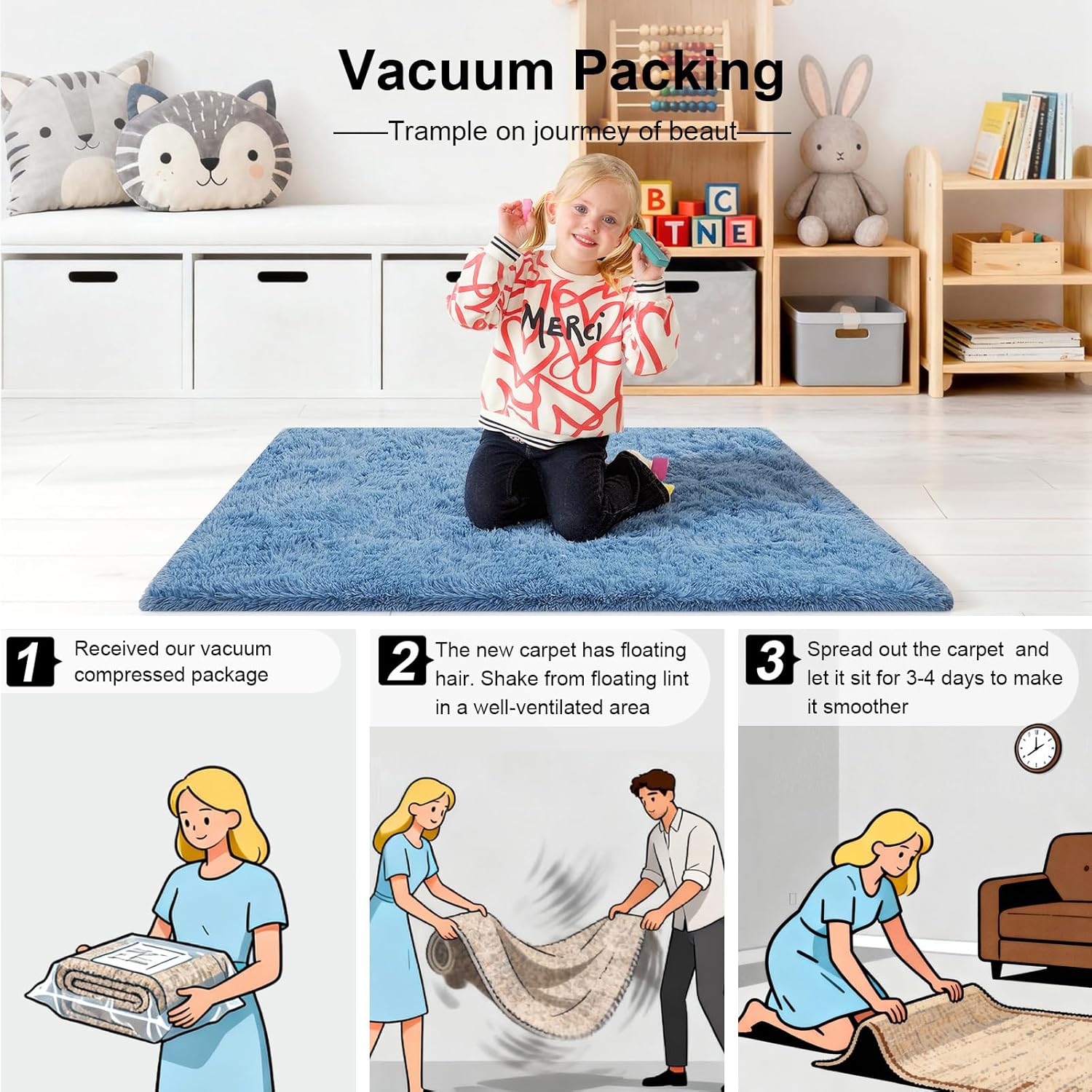 Area Rugs 9x12 Living Room, Large Fluffy Blue Rugs for Bedroom, Fuzzy Shag Soft Non-Slip Carpet for Kids Girls and Boys Nursery Dorm Indoor Room Home Decor (9ft X 12ft, Blue)