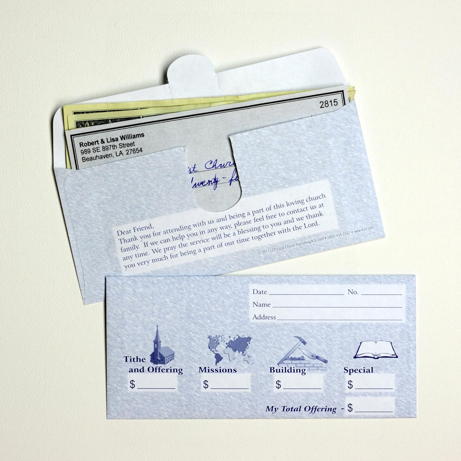 Church Offering/Tithe Donation Envelopes, Friendly Welcome Message, Missions, Building & Special, Simple Design, Easy-open Tab, Fits Bills & Checks - Blue - Box of 500