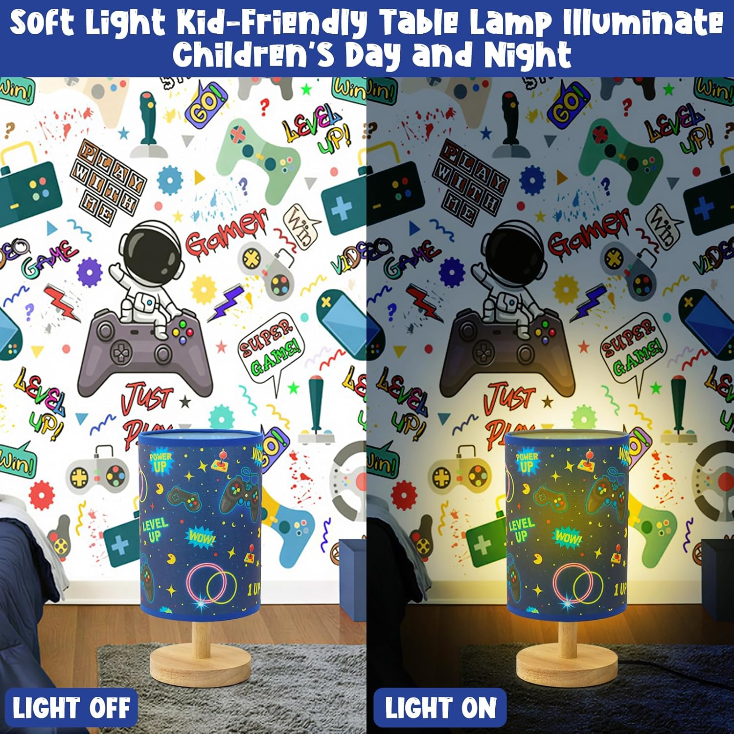 Kids Table Lamp for Bedroom Kids Bedside Lamp with Linen Wooden Nightstand Cartoon Nursery Lampshade for Boys Girls Room Decor (Video Game)