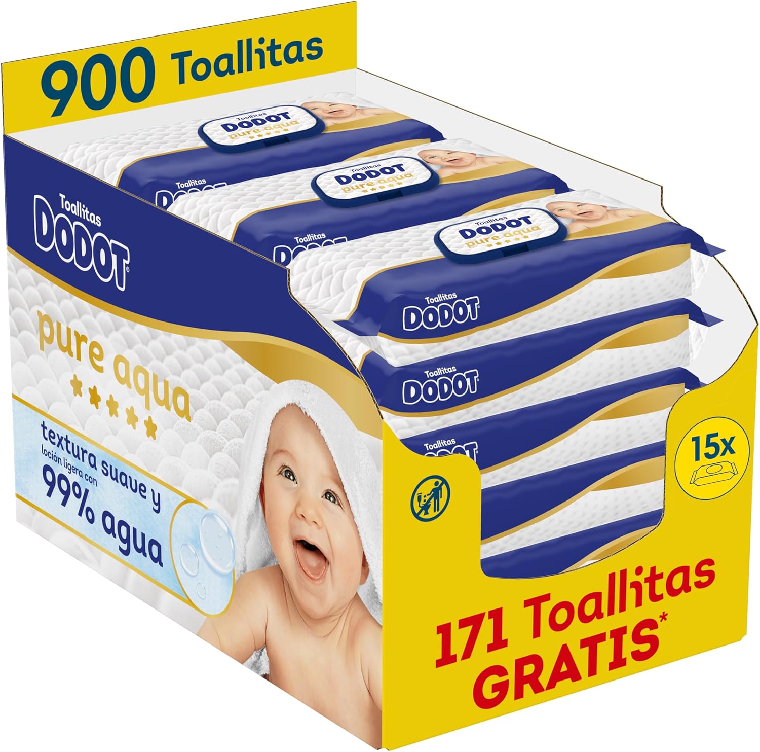 Dodot Pure Aqua Toallitas con Textura Suave para bebé, 900 toallitas (15 Packs de 60 unidades), con loción de 99% agua
