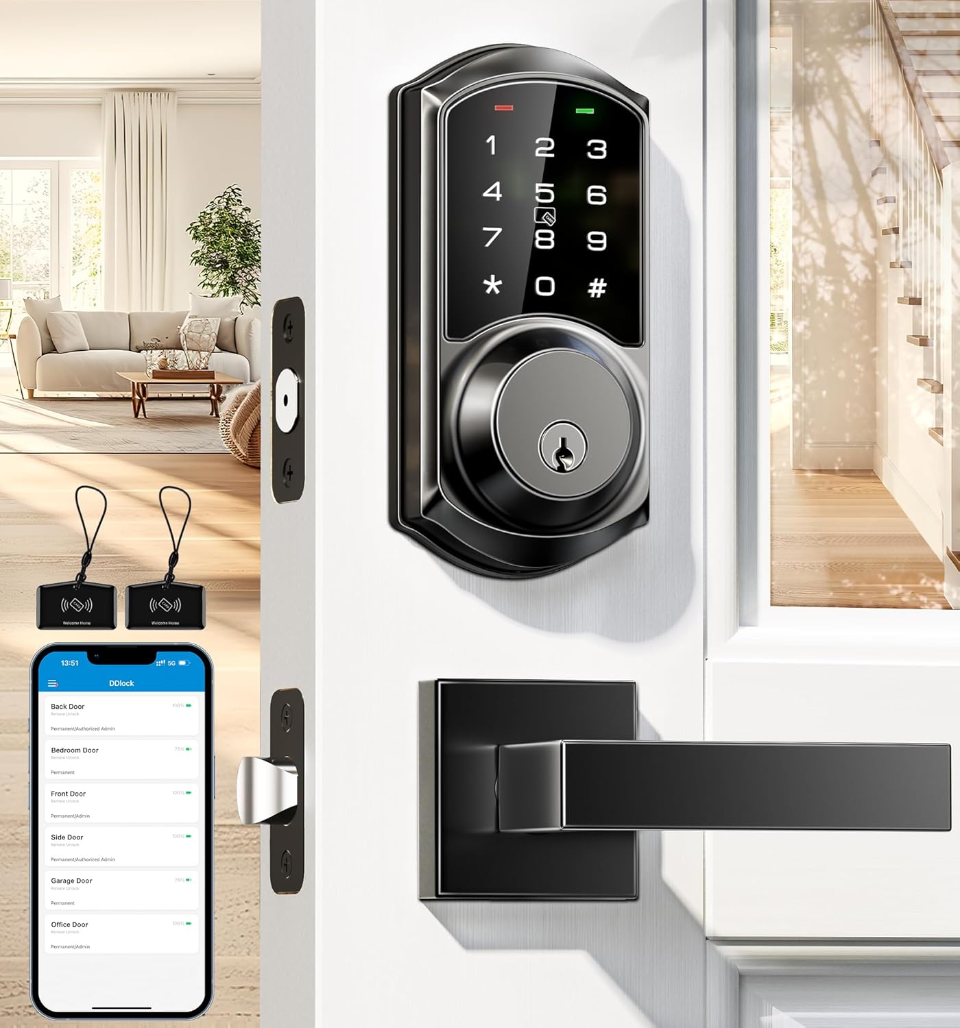 Veise Smart Locks with 2 Lever Handle Set, App Control, Keyless Entry Door Lock, Electronic Digital Touchscreen Keypad, Deadbolt Smart Lock for Front Door, Auto Lock, Easy Installation, Matte Black