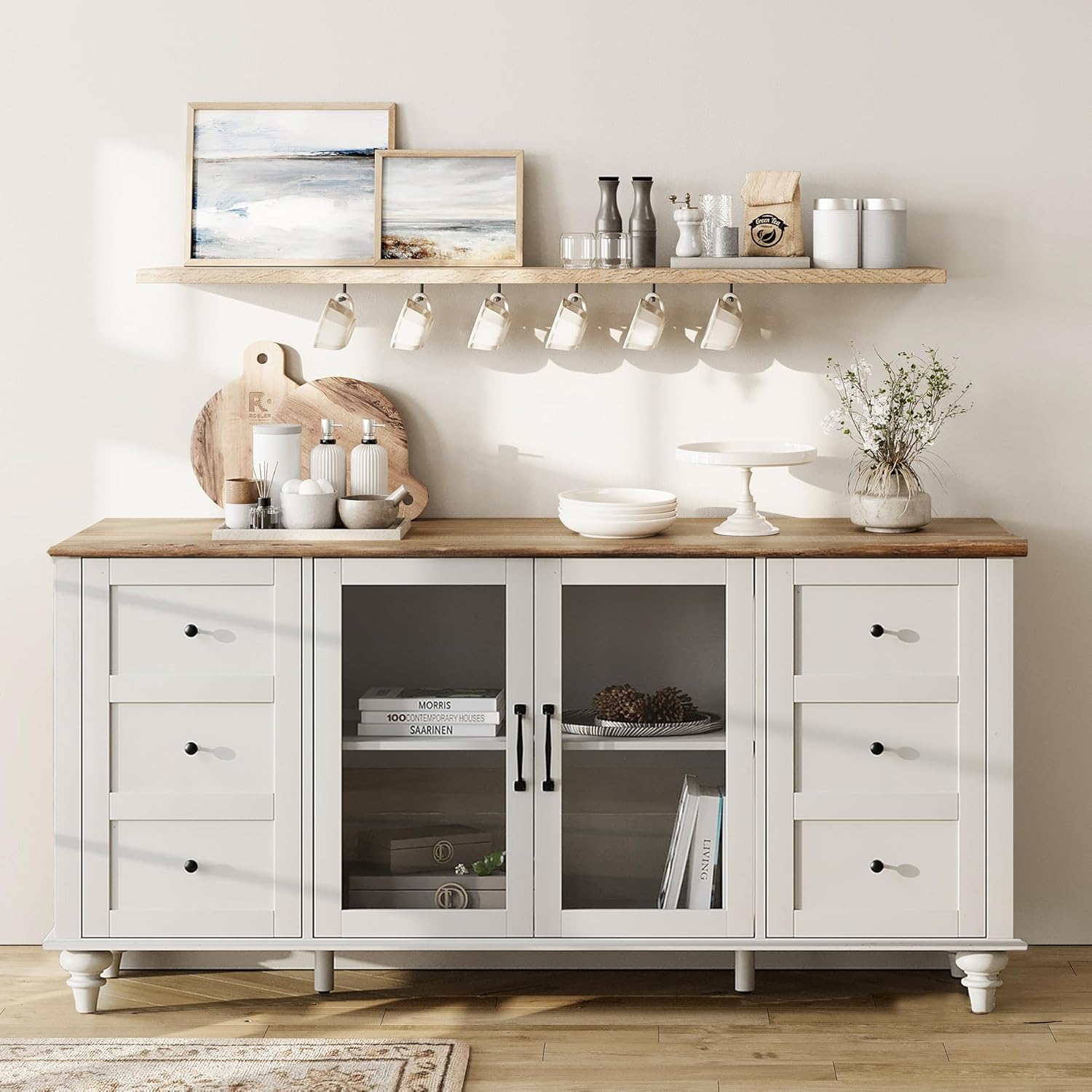 WAMPAT Sideboard Buffet with Glass Door,Kitchen Storage Coffee Bar Tables