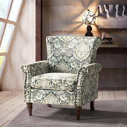 HULALA HOME Modern Wingback Accent Chair with Wood Legs & Removable Cushion, Comfy Upholstered Armchair with Nailhead Trim, Floral Pattern Single Sofa Chair for Living Room Bedroom, Pine