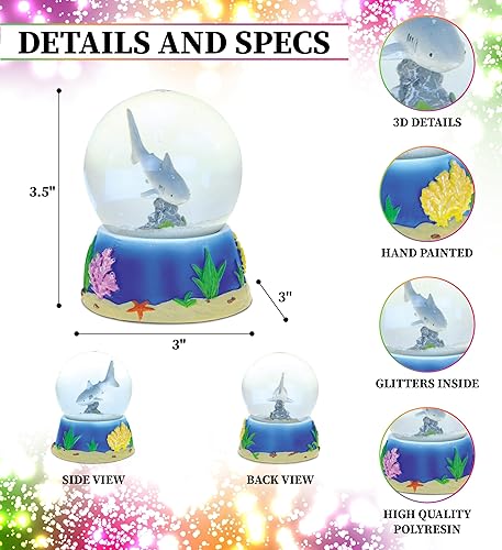 Miniatura 2 de Bola de nieve de cristal de tiburón blanco con piedra de resina desconcertada (2.559 in), estatua intrincada de 3.5 pulgadas, escultura de mesa