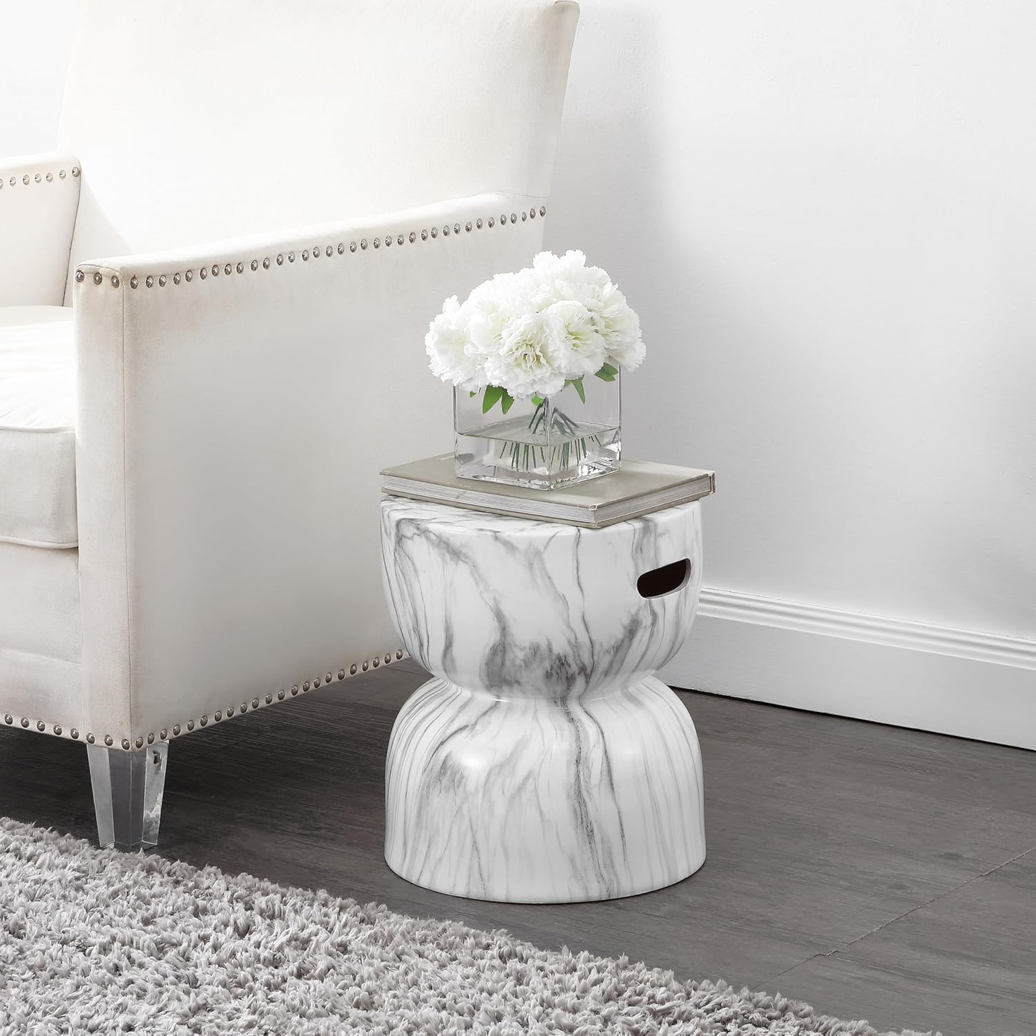 JONATHAN Y TBL1033A Zakhai 14.75" Contemporary Modern Marble Glaze Drum Indoor/Outdoor Garden Stool, White/Gray