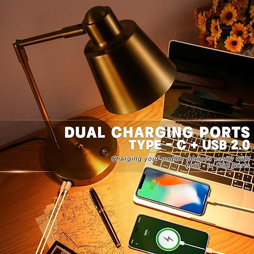 Miniatura 3 de Lámpara de escritorio LED con puertos de carga USB duales, lámpara 100% metálica, brazos giratorios de 270, luz blanca suave (3000 K), lámpara de