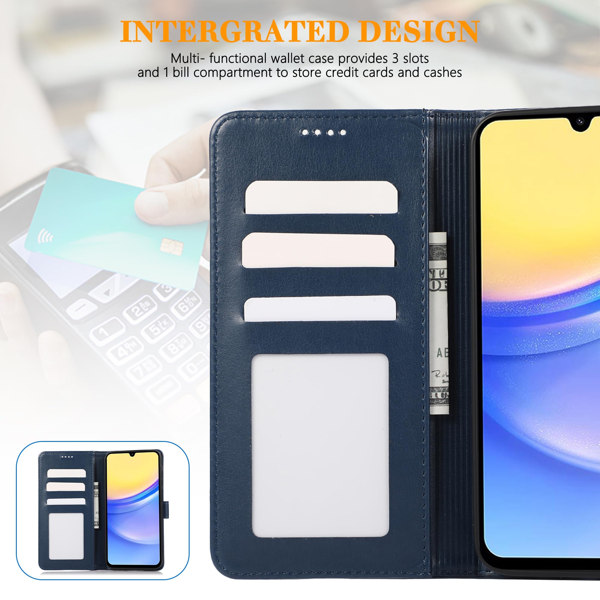 SMYTU Custodia per Samsung Galaxy A15 4G / 5G + Vetro Temperato,Cover a Libro Samsung Galaxy A15 4G,Custodia Flip in Pelle Magnetica Portafoglio Per Samsung Galaxy A15 5G - Blu