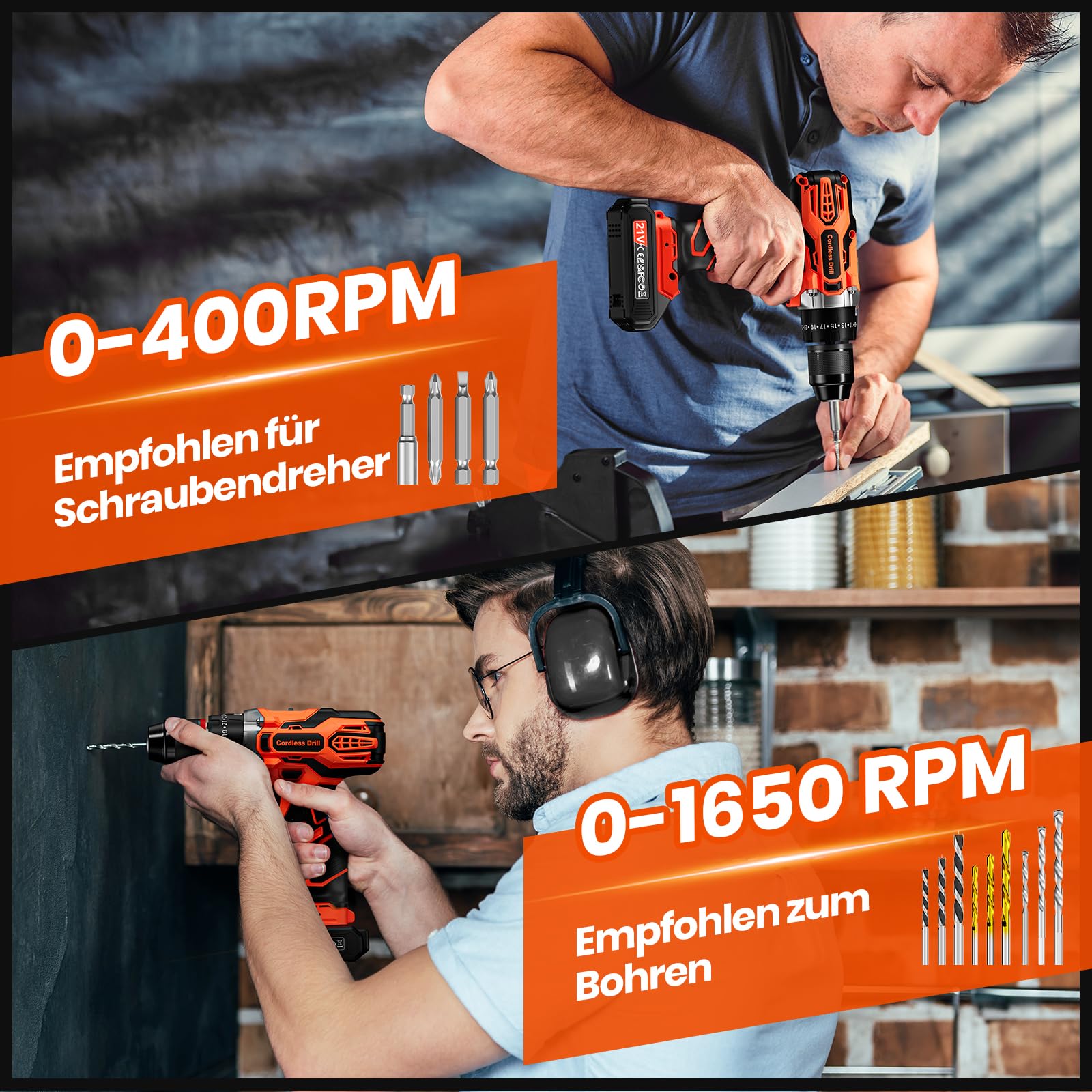 21V Akku Bohrmaschine, Akku Schlagbohrschrauber mit 2 Akkus 2,0Ah, Akkuschrauber Set 45Nm, Akkubohrer 2-Gang, Schlagbohrmaschine 25+3 Stufen, 10mm Metallspannfutter, 29tlg Zubehör, für Reparatur & DIY