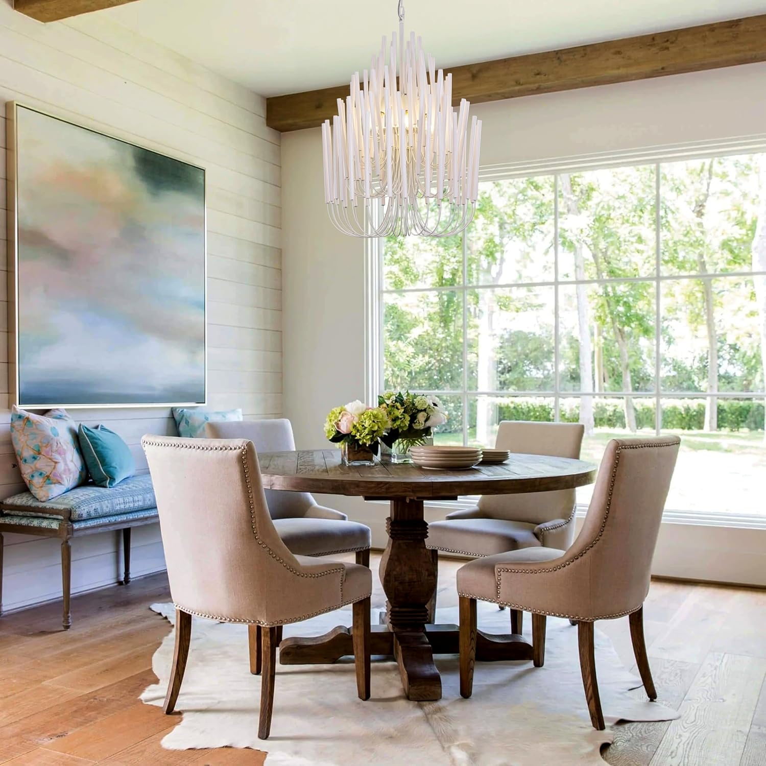 TOCHIC Modern Farmhouse Chandelier for Dining Room 21", Small Vintage White Wood Chandeliers Light for Living Room, Rustic Pendant Lighting Fixture Ceiling Hanging for Foyer Bedroom Entryway White 21 inches