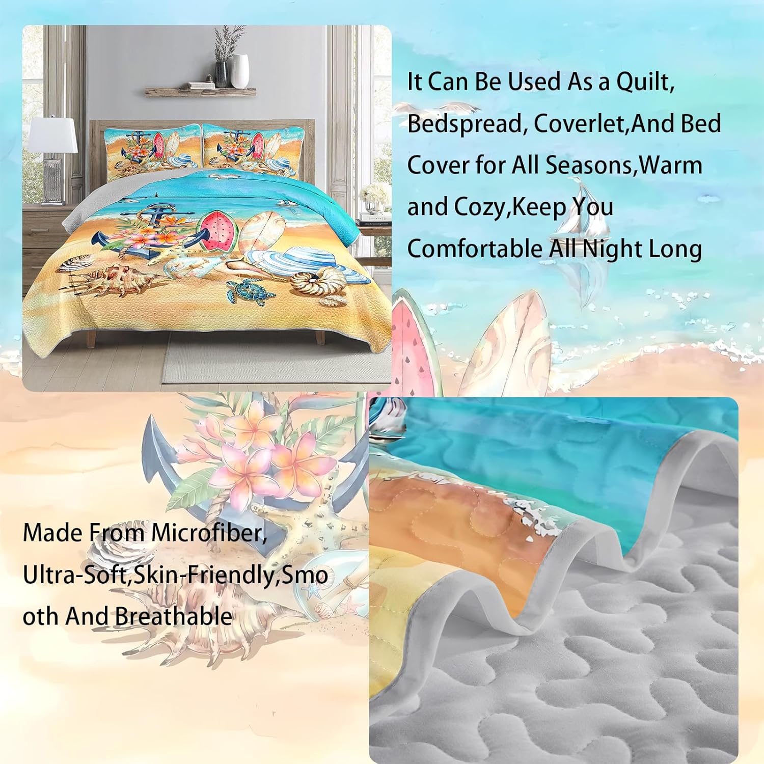 AILONEN Ocean Beach Bedding Quilt Set Twin Size,Tropical Boat Anchor Surfboard Theme Bedspread Coverlet,Blue Soft Lightweight (Quilt,2 Pillowcases)