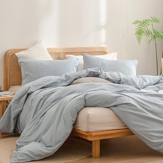 BESTOUCH Cotton Solid Duvet Cover Set Linen Feel Cornflower Blue Queen | 100% Washed Cotton, Soft Wrinkle Texture, Hidden Zipper, 8 Ties, Breathable Lightweight Durable Comfy, 3 Pcs No Insert