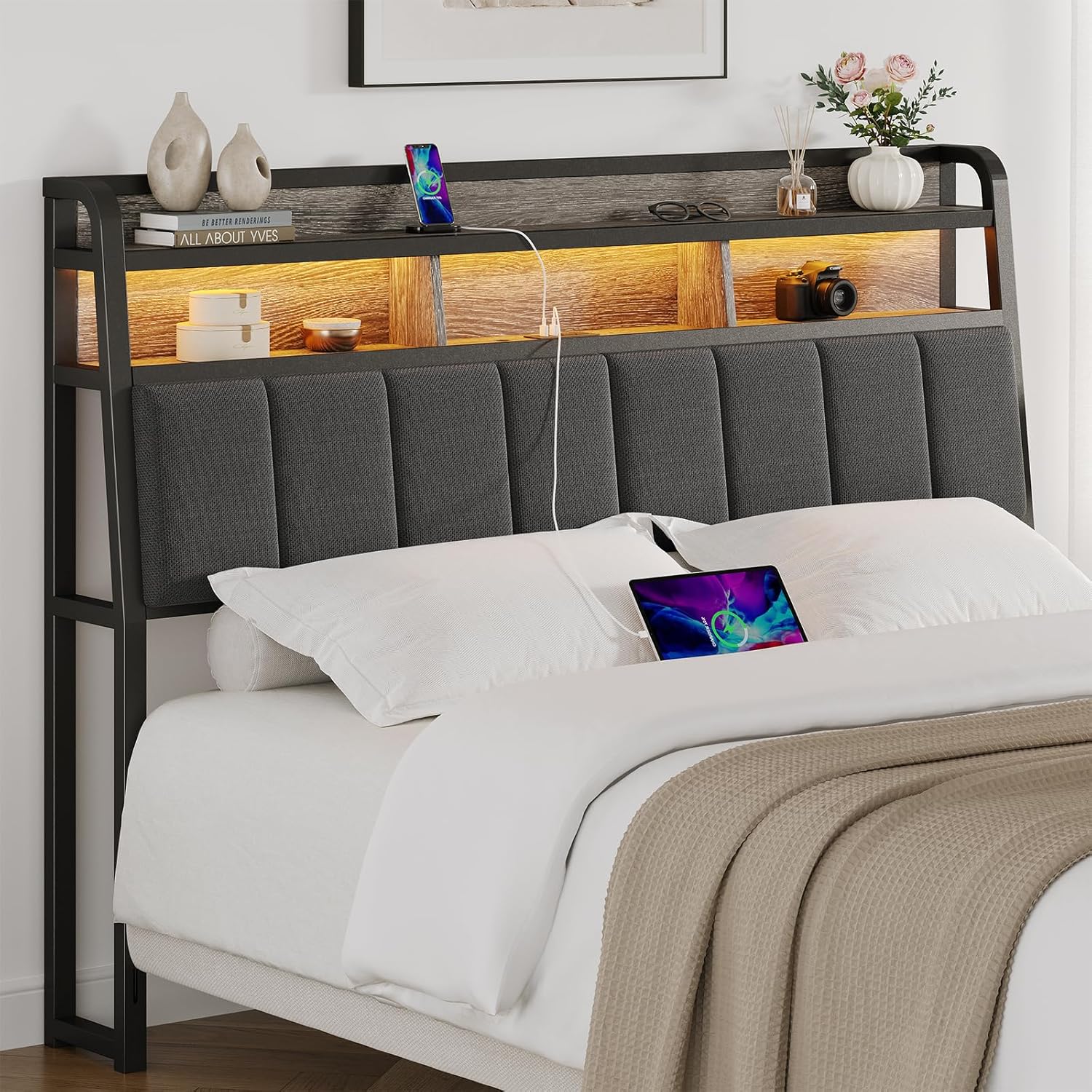 Queen Size Headboard with Outlets, Upholstered Ergonomic Headboard with 2-Tier Storage, LED Light, Queen Head Board Only, Height Adjustable, Sturdy and Stable, Black & Grey