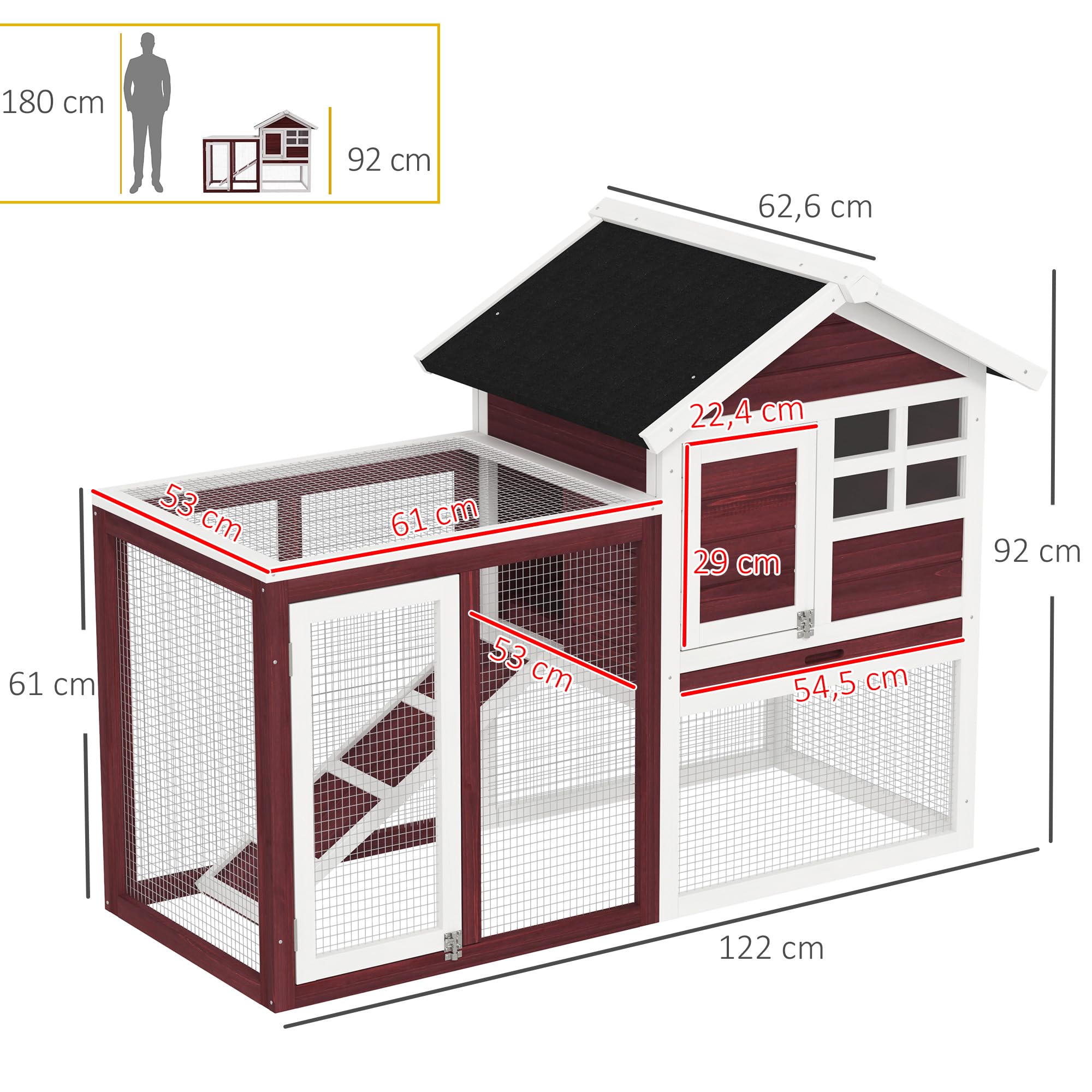 PawHut Kaninchenstall Mehrzweck-Kaninchenstall: obere Nische mit Rampe, Kotplatte, Fenster + sicheres Außengehege 2 Türen 122L x 63l x 92H cm Ziegelrot
