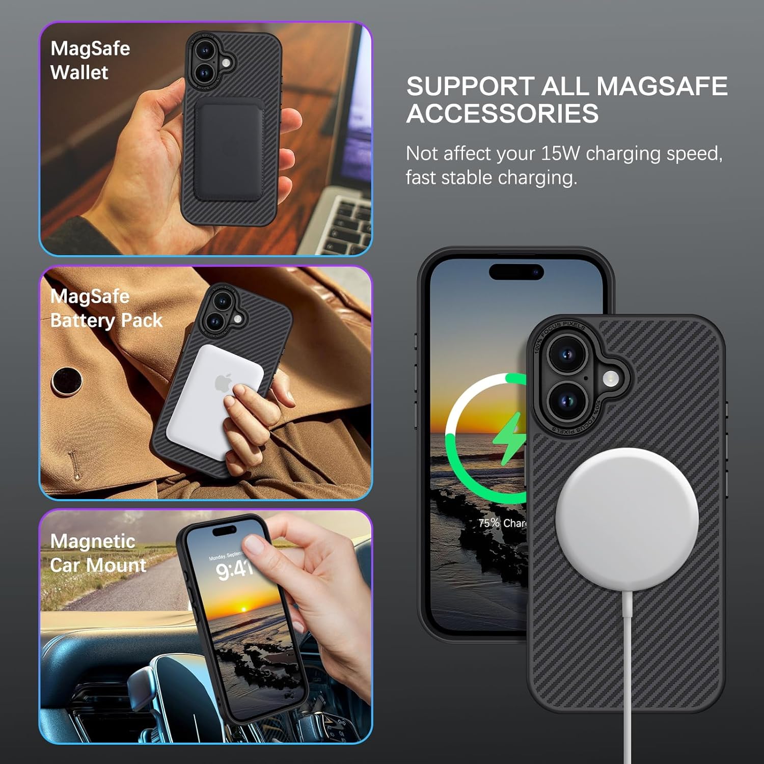 GUAGUA for iPhone 16 Case with Carbon Fiber Texture Design [Compatible with Magsafe] Matte Back Anti-Scratch Slim Shockproof Phone Cover for iPhone 16 6.1 Inch-Black - Image 3