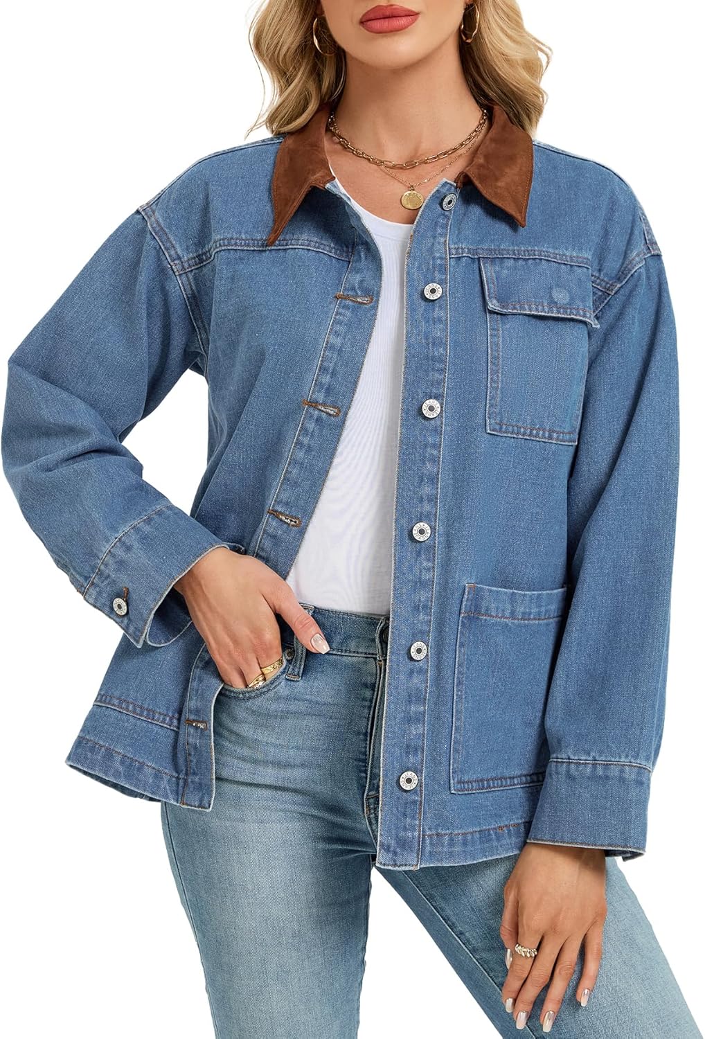 Kedera Womens Oversized Denim Jacket 2025 Trendy Button Up Long Sleeve Jean Jacket with Faux Suede Collar Fall Barn Coat