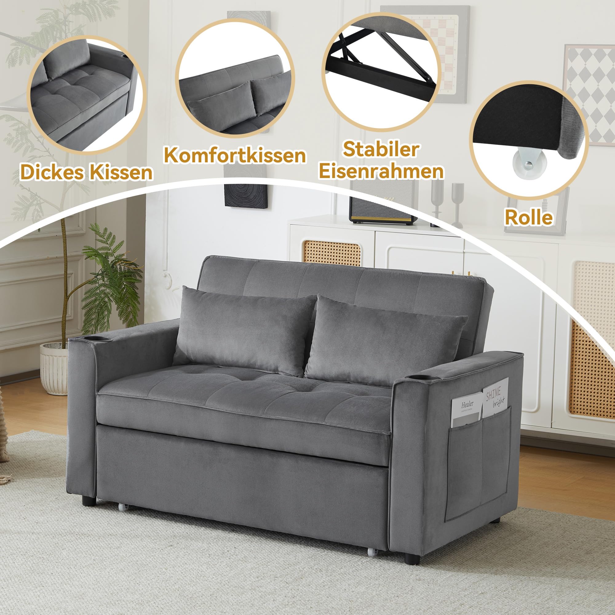 2 Sitzer Sofa mit Schlaffunktion, Klappbares Schlafsofa, Doppelsofa Kleine Couch Sofa, Polstersofa mit verstellbare Rückenlehne & Getränkehalter, Multifunktionssofa für Wohnzimmer, Velvet Grau