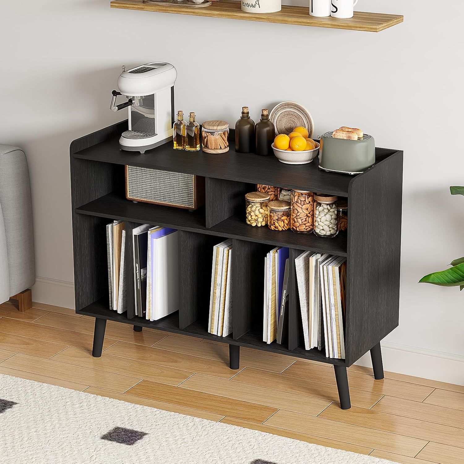 ChooChoo Record Player Stand, Turntable Stand with Vinyl Storage, Record Player Cabinet Up to 350 Albums, Cube Storage Organizer for Living Room, Black