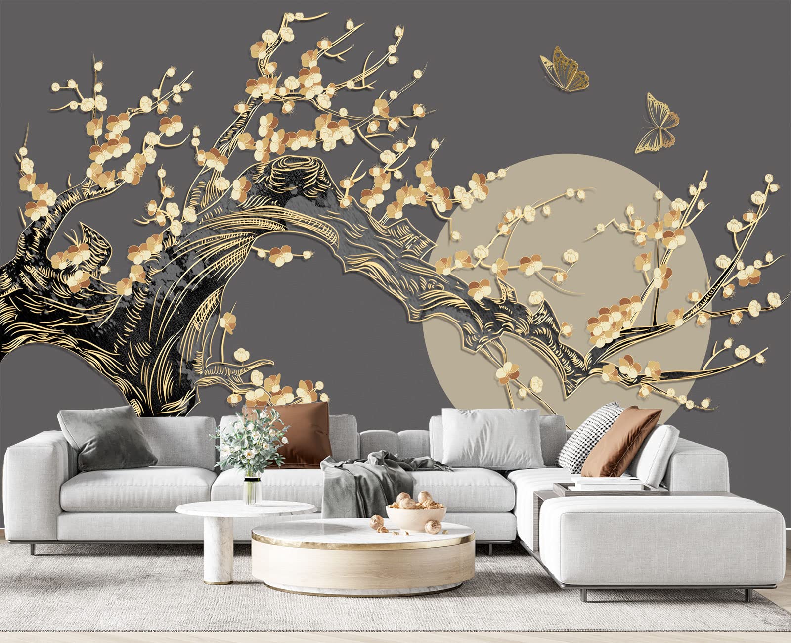 Amazon.co.jp: Eierme Golden Branches 蝶 月 壁画 壁紙 寝室用 137
