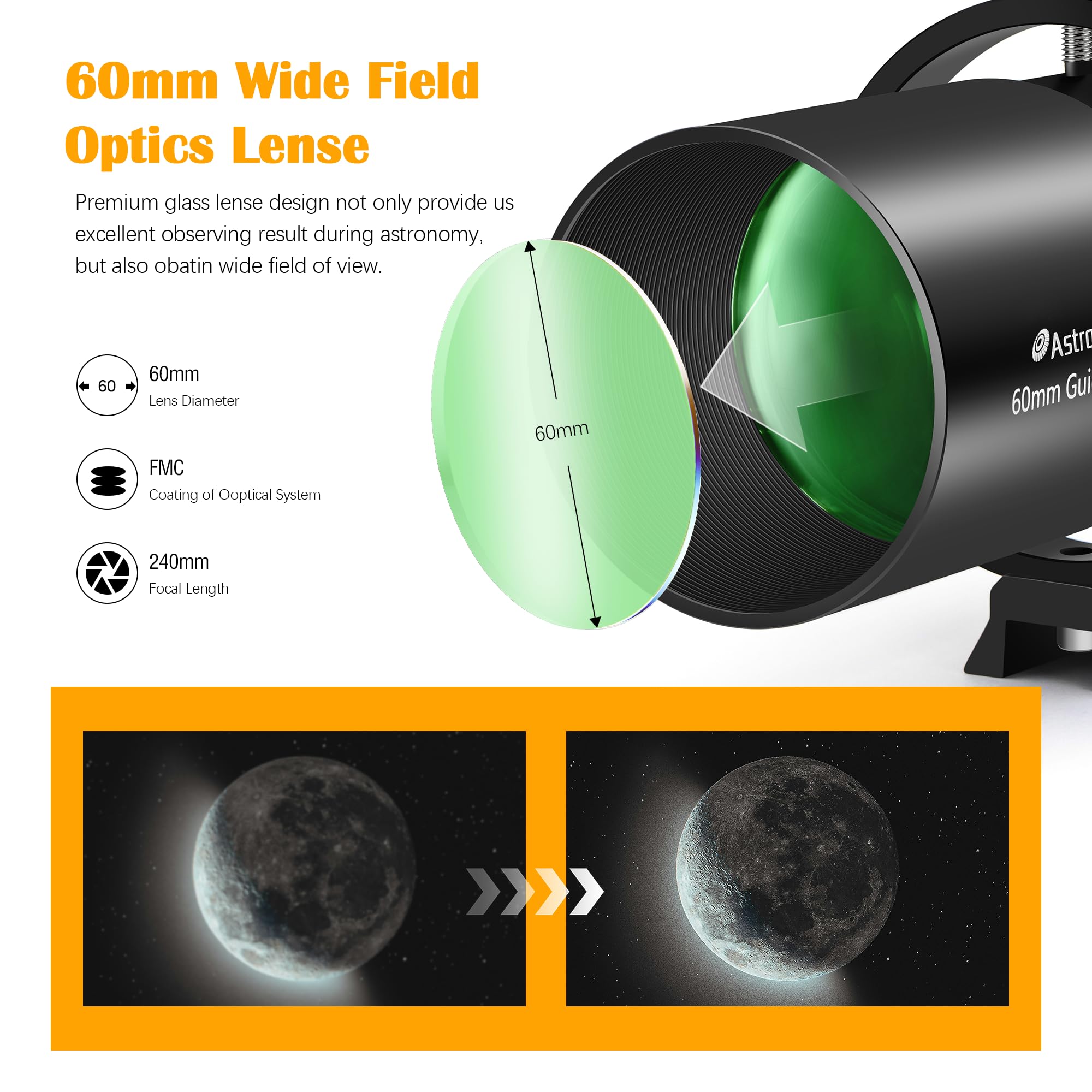 Astromania Guide Scope 60 mm kompaktes Deluxe-Sucher-Führungsrohr-Set mit doppeltem spiralförmigen Fokussierer, kompatibel mit 1,25-Zoll-Okular für astronomisches Teleskop und automatische