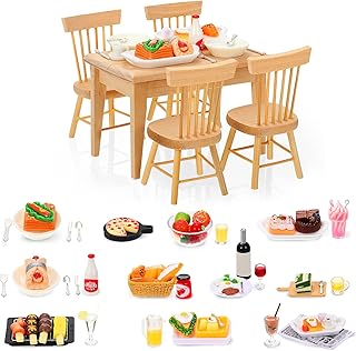 74 Pcs 1:12 Scale Dollhouse Miniature Food with Wooden Dollhouse Furniture of Table and Chair, Dollhouse Kitchen Accessories Sets Include Mini Milk Juice Knife Fork Spoon Dessert Cake BBQ