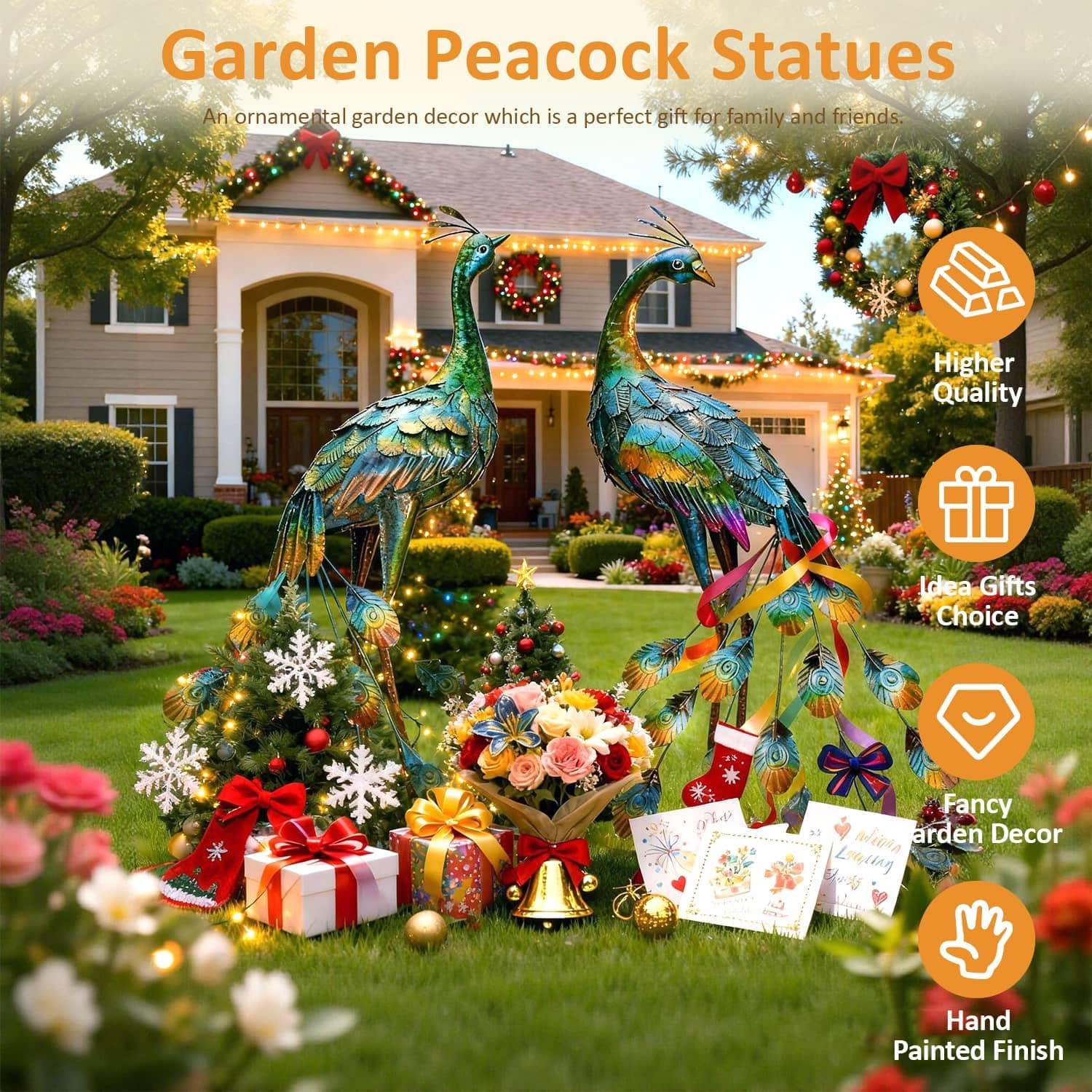 Kircust Metal Peacock Sculptures - Set of 2 Outdoor Garden Yard Art, Durable Weather-Resistant Lawn Statues, Hand-Painted, 30.7" H - Ideal for Backyard, Patio, and Porch Decor