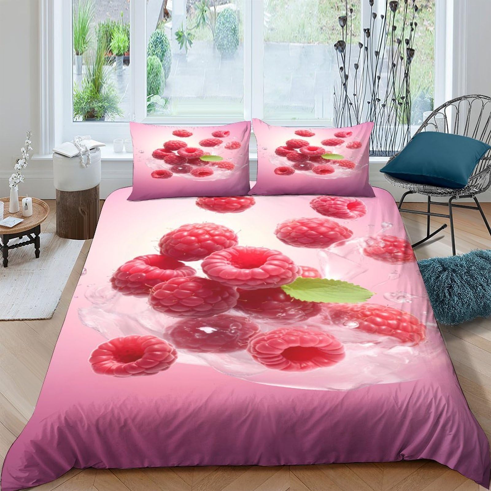 Ctjqhvkz Style-5 3D Printed Raspberry Water Splash Fitted Sheet Microfiber Soft Pink Fruit Mattress Cover For Bedroom Guest Room Home Decor Single（135X200cm）