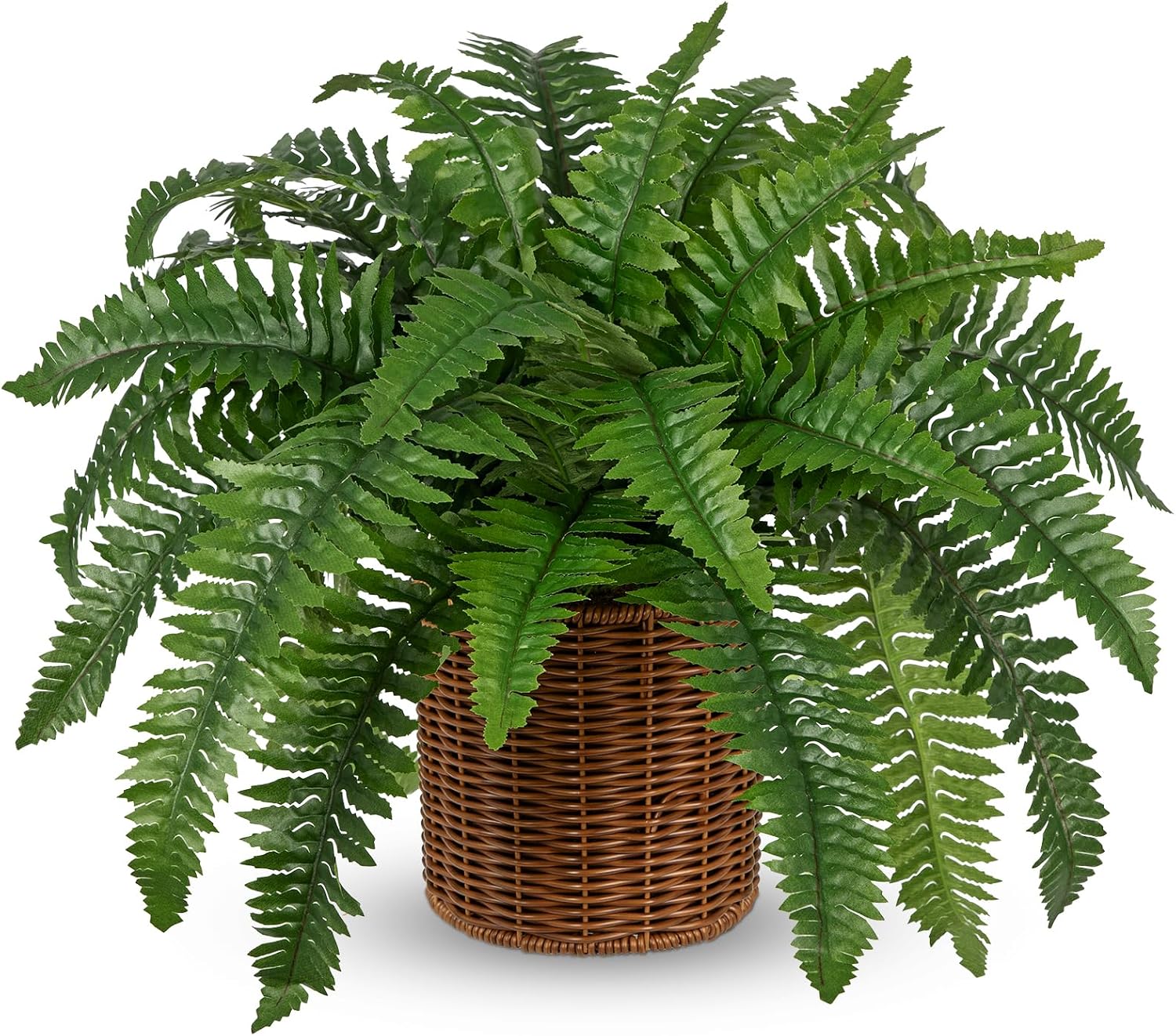 Hollyone Fake Fern Potted Plant Artificial Boston Ferns in Pot Woven Basket 35 Leaves Indoor Faux Fern Bush Plant 20inch for Patio Garden Farmhouse Windowsill Office Living Room Home Decor