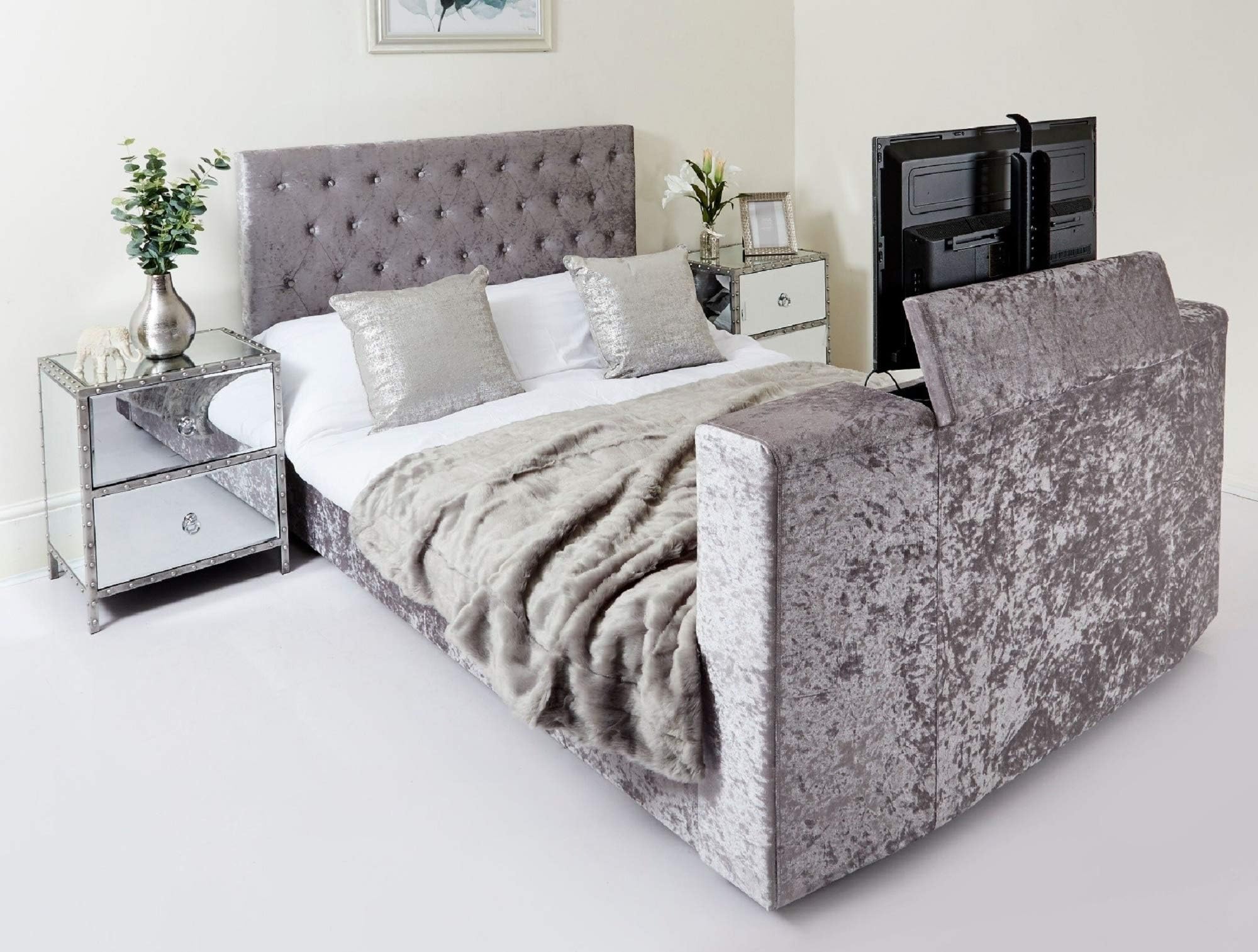 TV Bed Frame for 32" Double Grey Crushed Velvet for Bedroom with Electric Remote Control Sleigh Chesterfield Style (Grey Crushed Velvet Chesterfield Double)