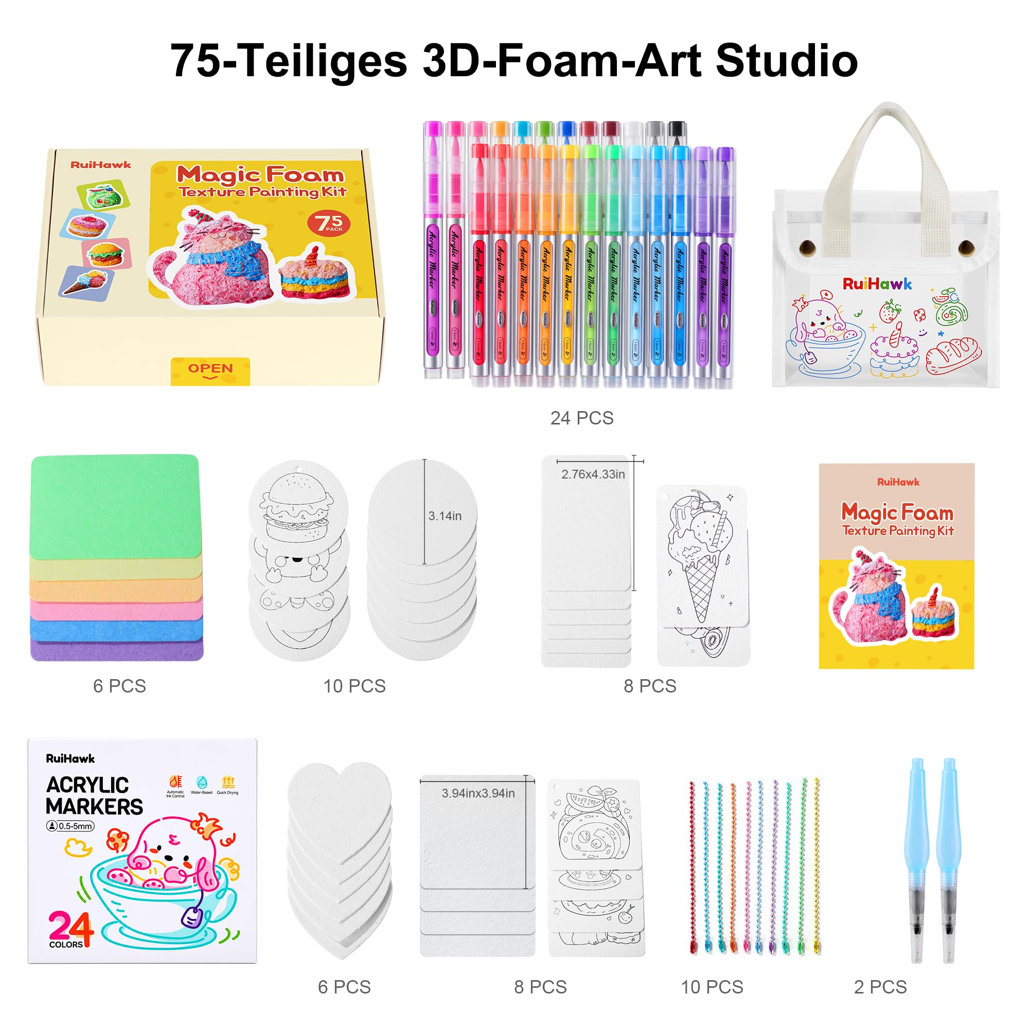 RuiHawk 75 Magic Puffy Paint Set, 3D Schaumtextur-Malset für Kinder mit 38 Blättern & 24 Acryl-Markern, Nicht Giftig & Wasserlöslich - Kreativset Geschenk ab 5 Jahren