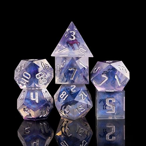 Cusdie Dados DND de bordes afilados, 7 dados D&D, juego de dados poliédricos hechos a mano, para juegos de rol, MTG Pathfinder (unicornio Decoupage)