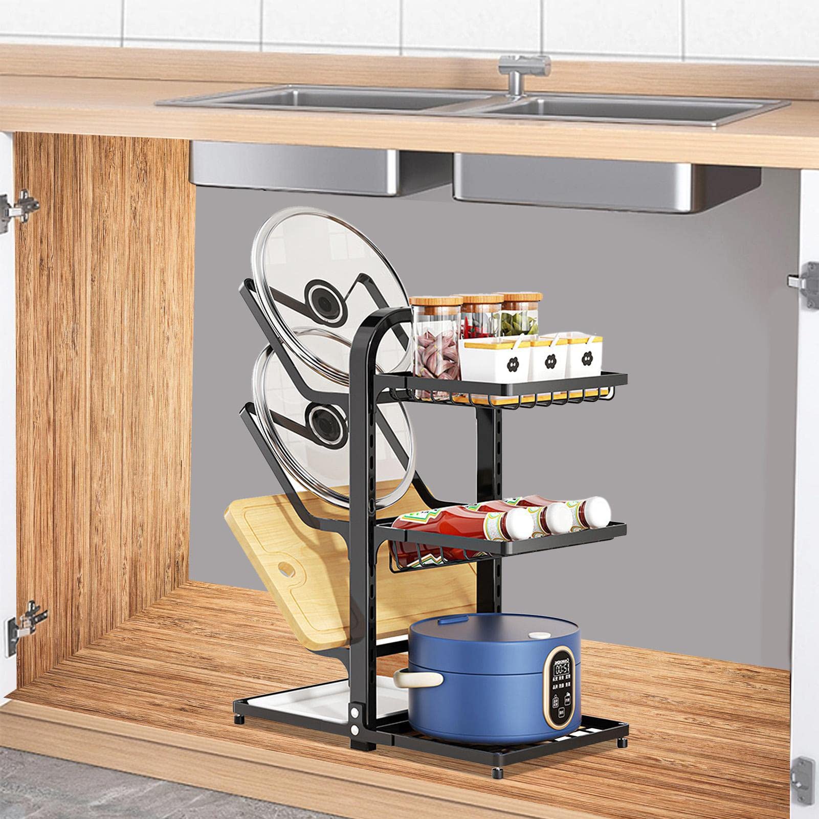 Organizer per pentole e padelle per armadietti, organizer a più livelli per armadietti, organizer per organizzare la casa, indispensabile per organizzare la casa, piano di lavoro regolabile | Cucina per Asciugamano, Coperchi, Utensili, Portacoperchi, Arma