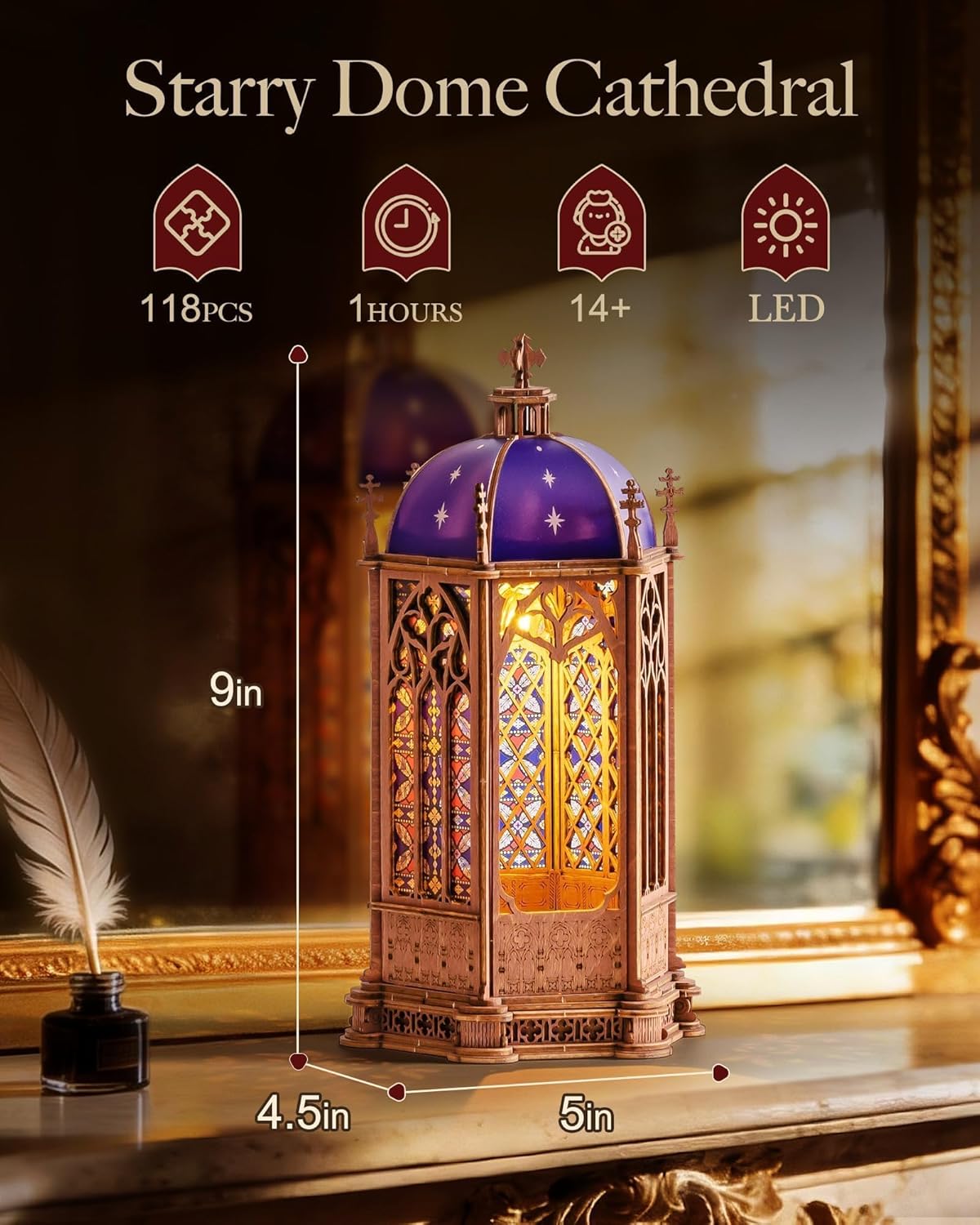 Rolife 3D Wooden Puzzle - Starry Sky Dome Cathedral Architecture Model with LED Lights, DIY Craft Building Kit for Adults, Unique Home Decor & Birthday for Hobbyists