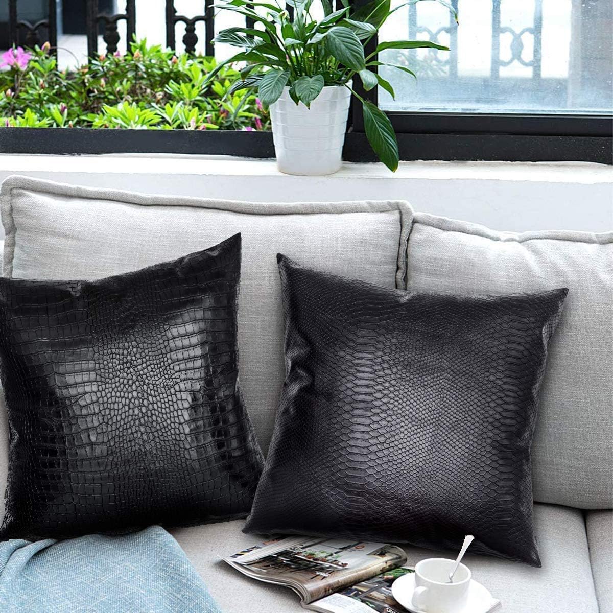Black Crocodile Skin Thick & Soft Faux Leather Pillow Covers, 24 x 24 inch Faux Leather Pillow Case Thick Modern Solid Decorative Square Bedroom Living Room Cushion Cases for Couch Bed Sofa