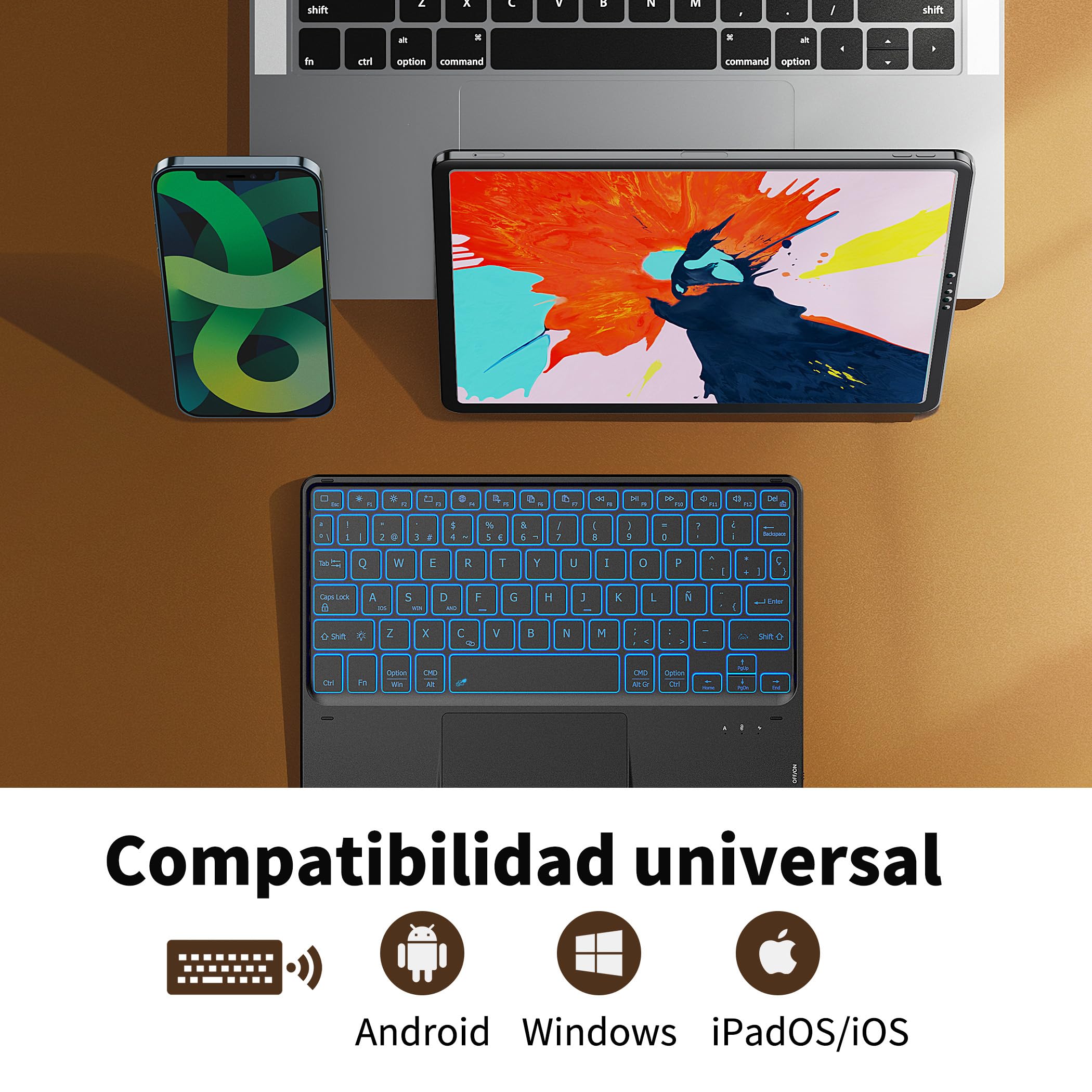 CACOE Teclado con TouchPad Bluetooth Inalámbrico de 10 Pulgadas, [Español] Delgado y Ligero Retroiluminado para iPad, Android Samsung Tablet, Xiaomi Pad, Huawei, Lenovo, Negro