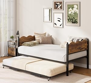 Daybeds That Do Double Duty (Living Room by Day, Guest Room by Night) IDEALHOUSE Daybed with Trundle, Industrial Wood Grain Headboard