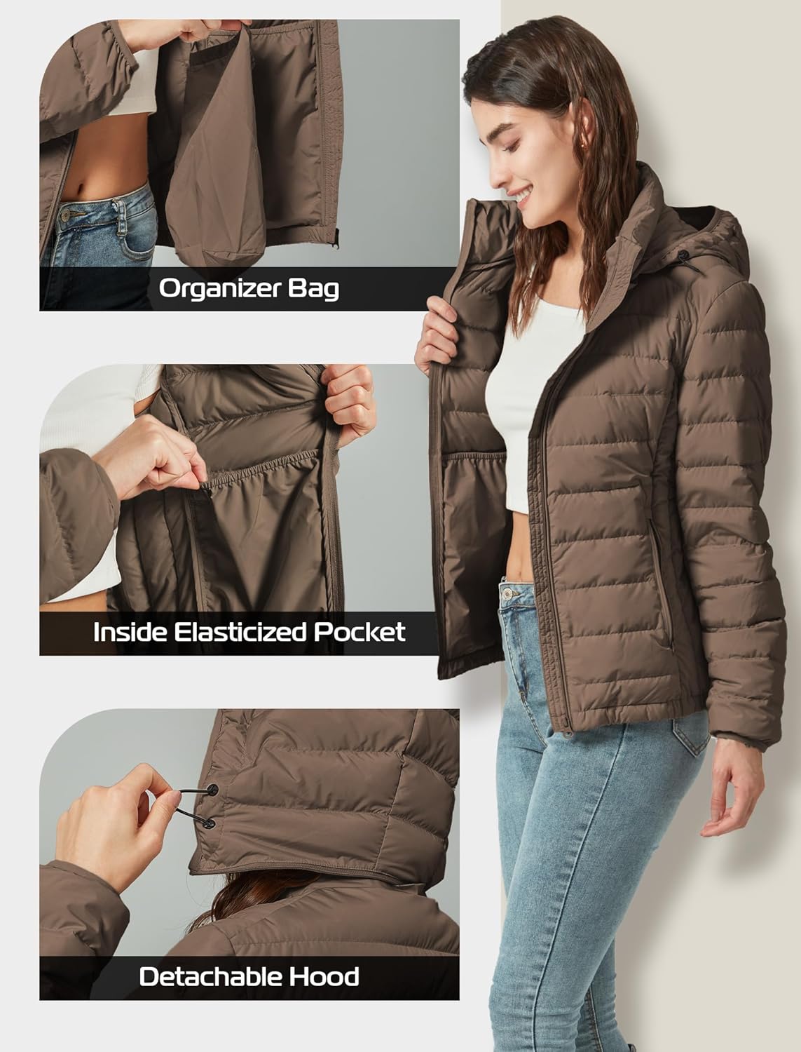 YZG Down Jacket for Women Lightweight Long Sleeve Quilted Puffer Coat with Detachable Hooded - Image 5