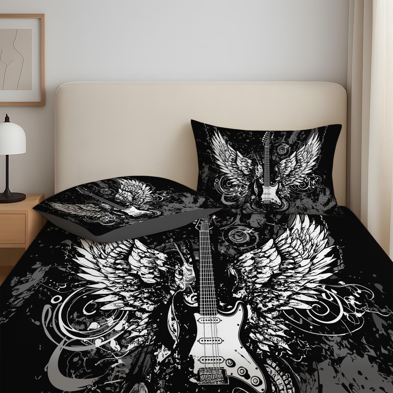 Rock Music Prześcieradło z gumką 90 x 200 cm miseczki 30 cm, zestaw pościeli z dzikimi gitarami skrzydła nutowe dla dzieci nastolatków dorosłych, miękkie prześcieradło z mikrofibry, oddychający
