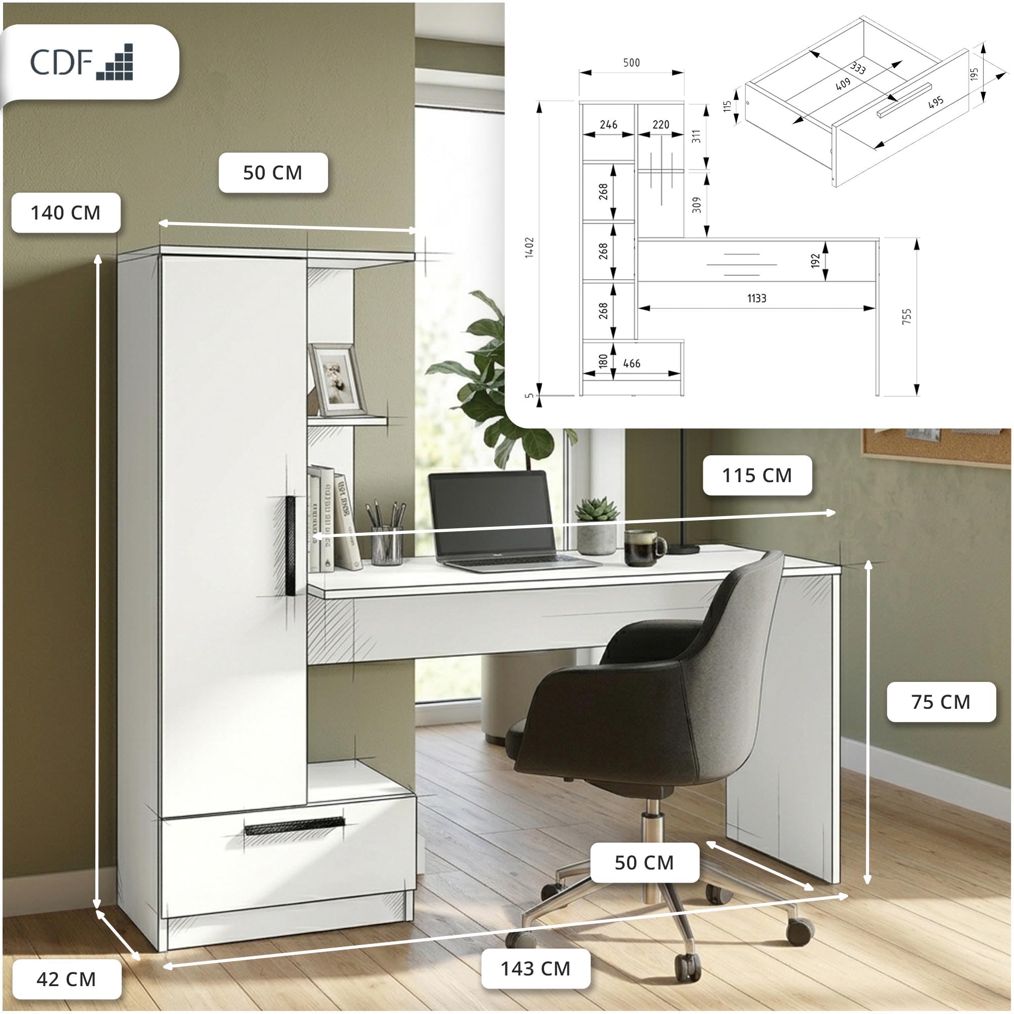 CDF Schreibtisch mit Regal Schublade 140cm 3 Einlegeböden Computertisch | Home Office Bürotisch Ergonomisch Arbeitstisch Jugendzimmer Schlafzimmer Kinderzimmer Rollschienen Weiß Spanplatte