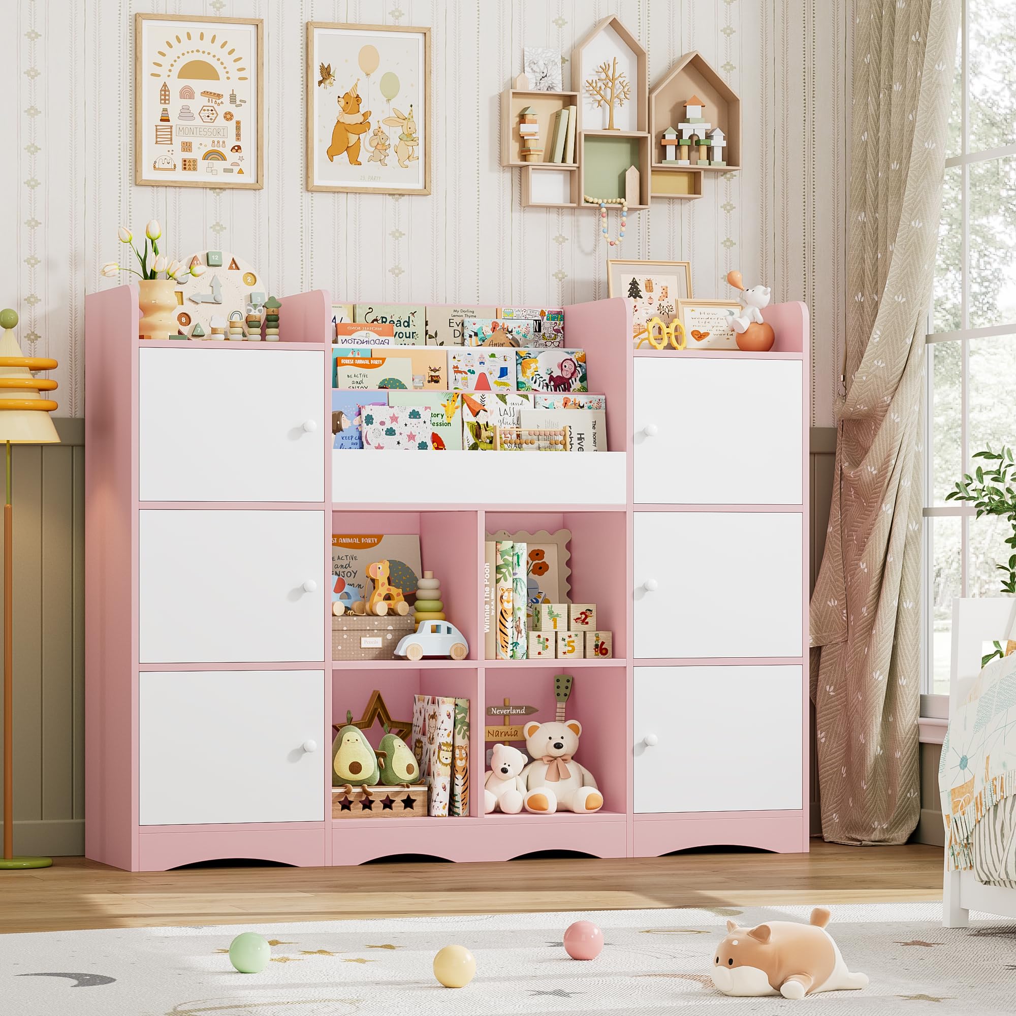 FOREHILL Organizer Giocattoli, Porta Giochi Bambini a 6 Scomparti con Ante, Mobile Porta Giochi a 4 Vani Portaoggetti Aperti, con Portariviste, per Cameretta e Sala Giochi, 140x30x106 cm (Rosa)