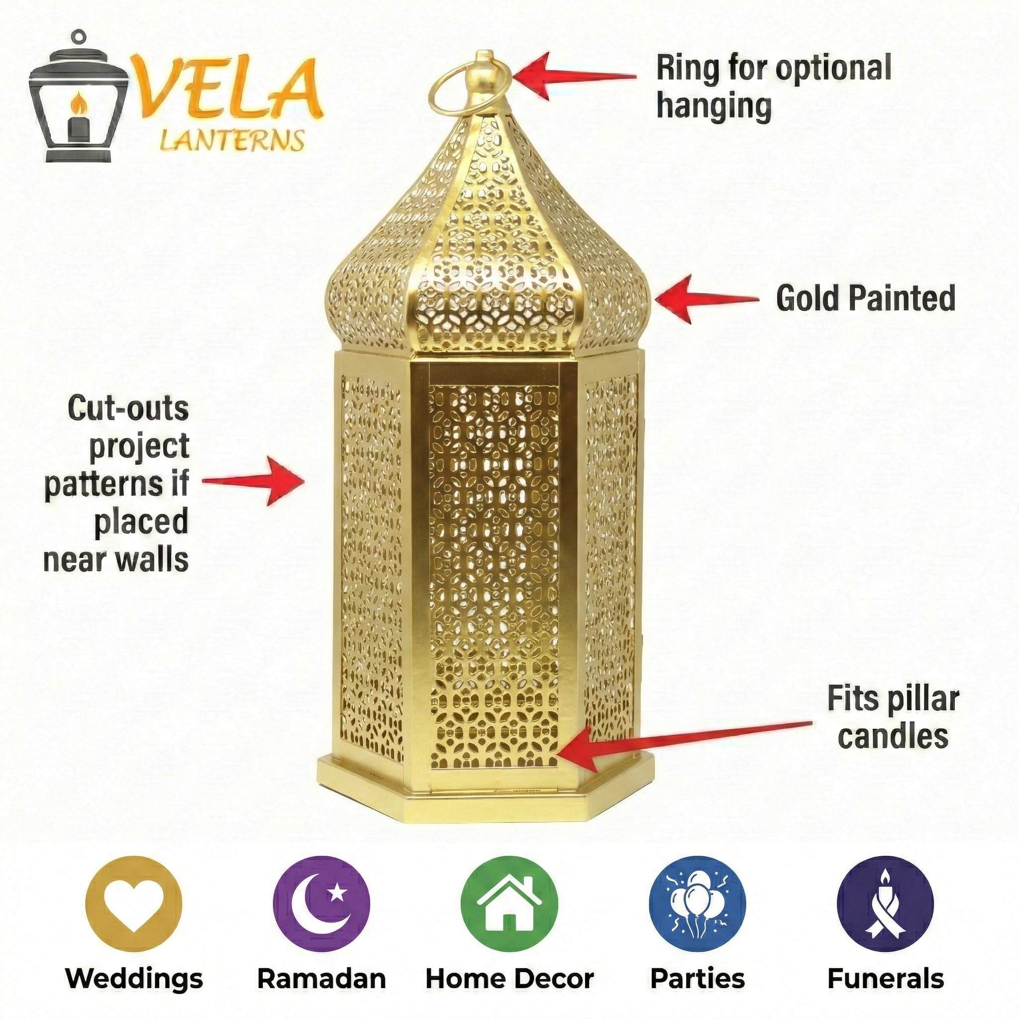 Lanterna marocchina a torre dorata extra large per decorazioni Ramadan, da appendere, patio o portico, decorazione per la casa interna, oro