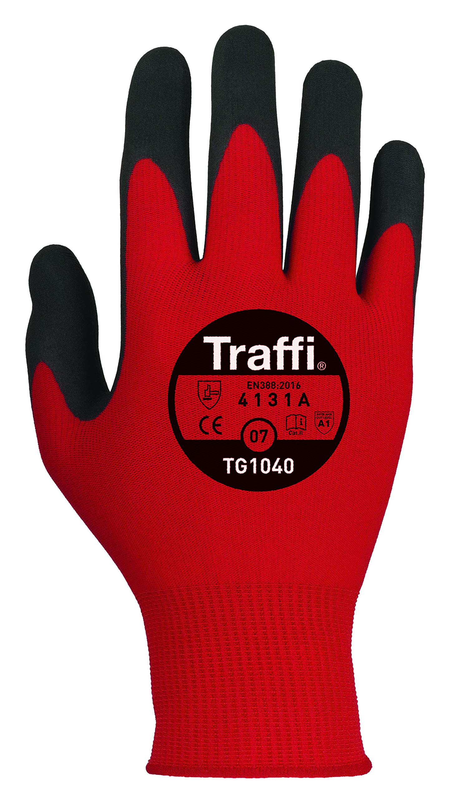 Traffi TG1040 X-Dura Foam Nitrile BE Aware Glove, Cut Level A, Red, 11 Size, Pair, Pack of 10