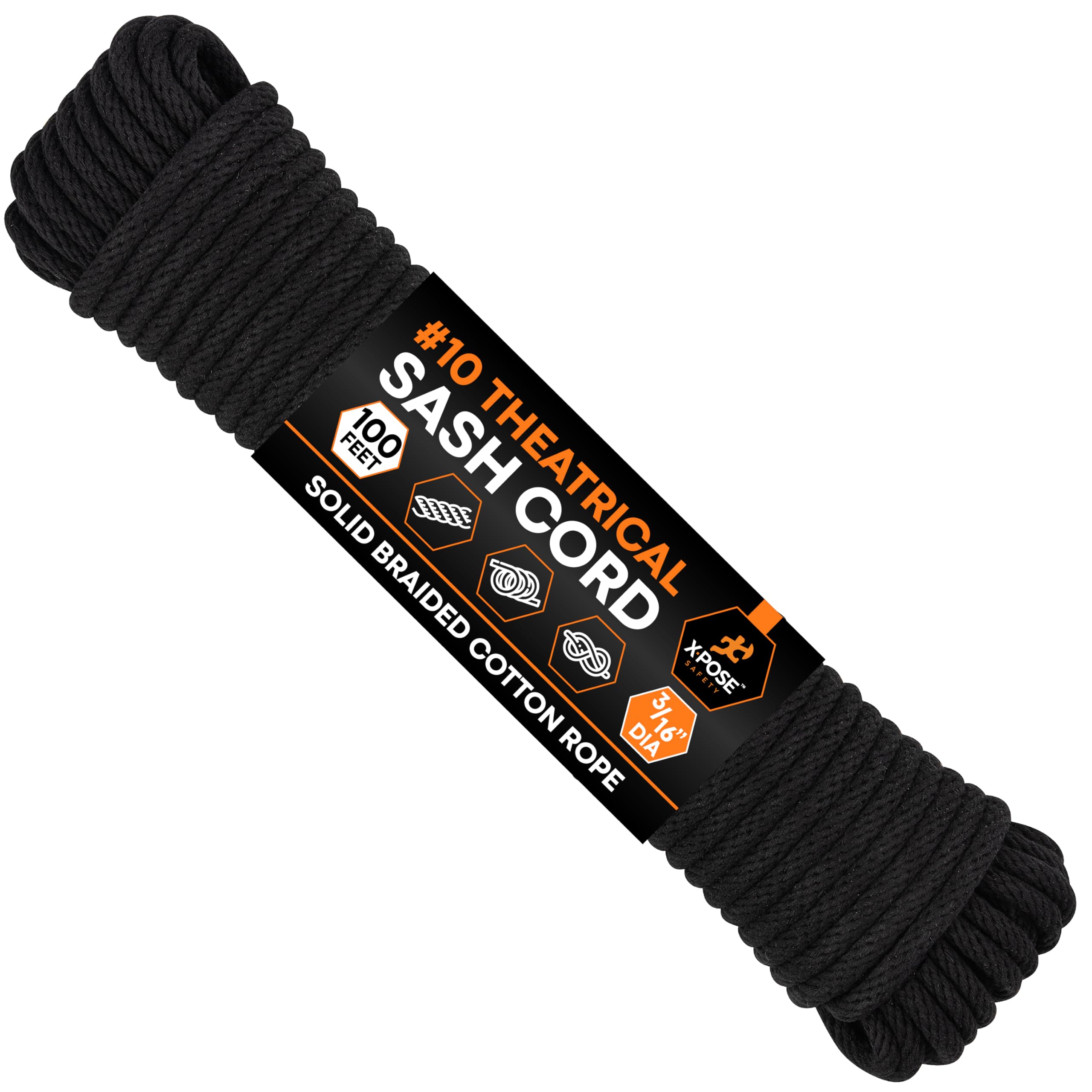 Cuerda de algodón y nailon, cuerda de 3/16 pulgadas x 100 pies, cuerda de algodón negro con núcleo de nailon, cuerda de ventana, cuerda de tendedero, cordón de baja elasticidad, línea sintética con