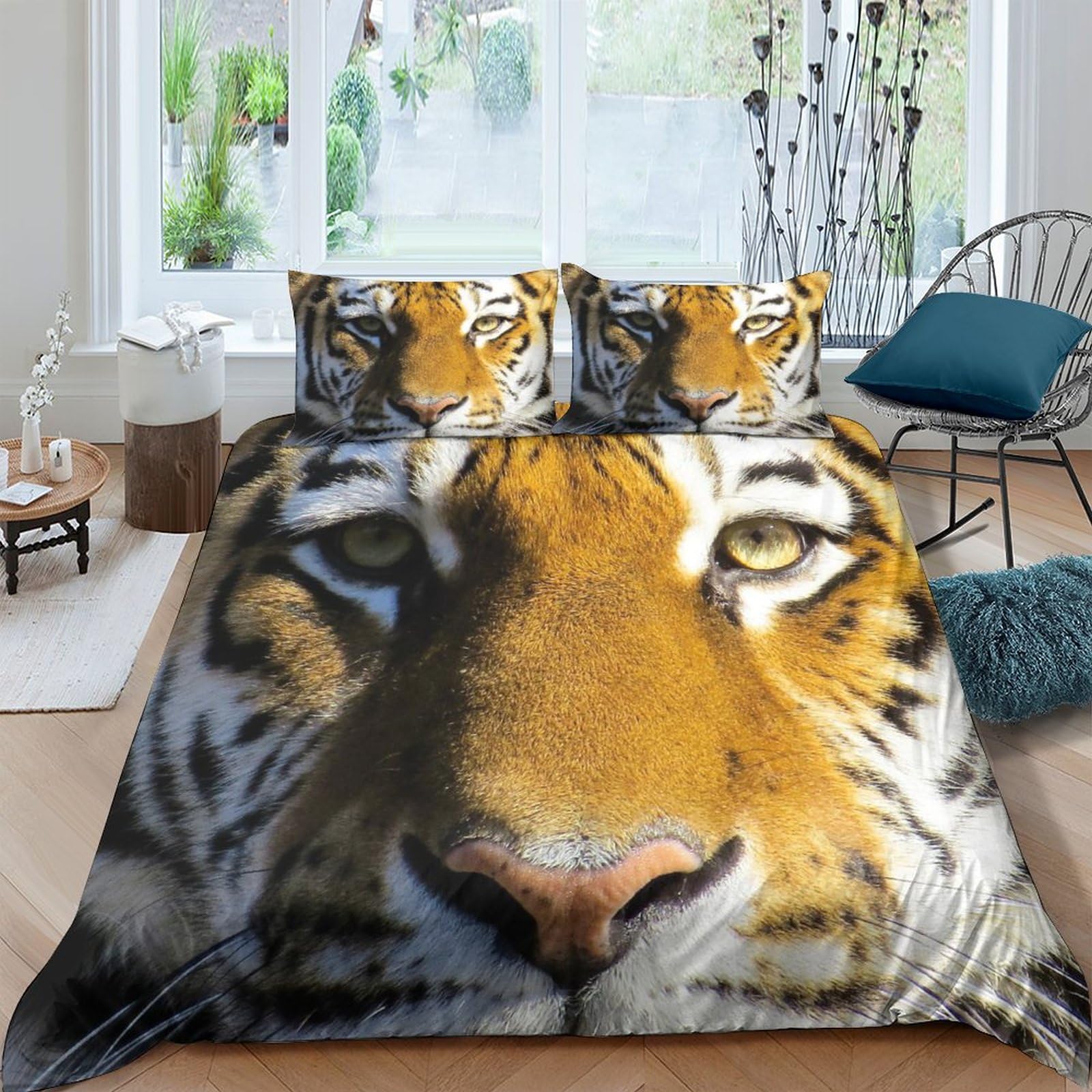 Housse de couette tigre 220x240 cm thermorégulatrice en coton doux multicolore et microfibre