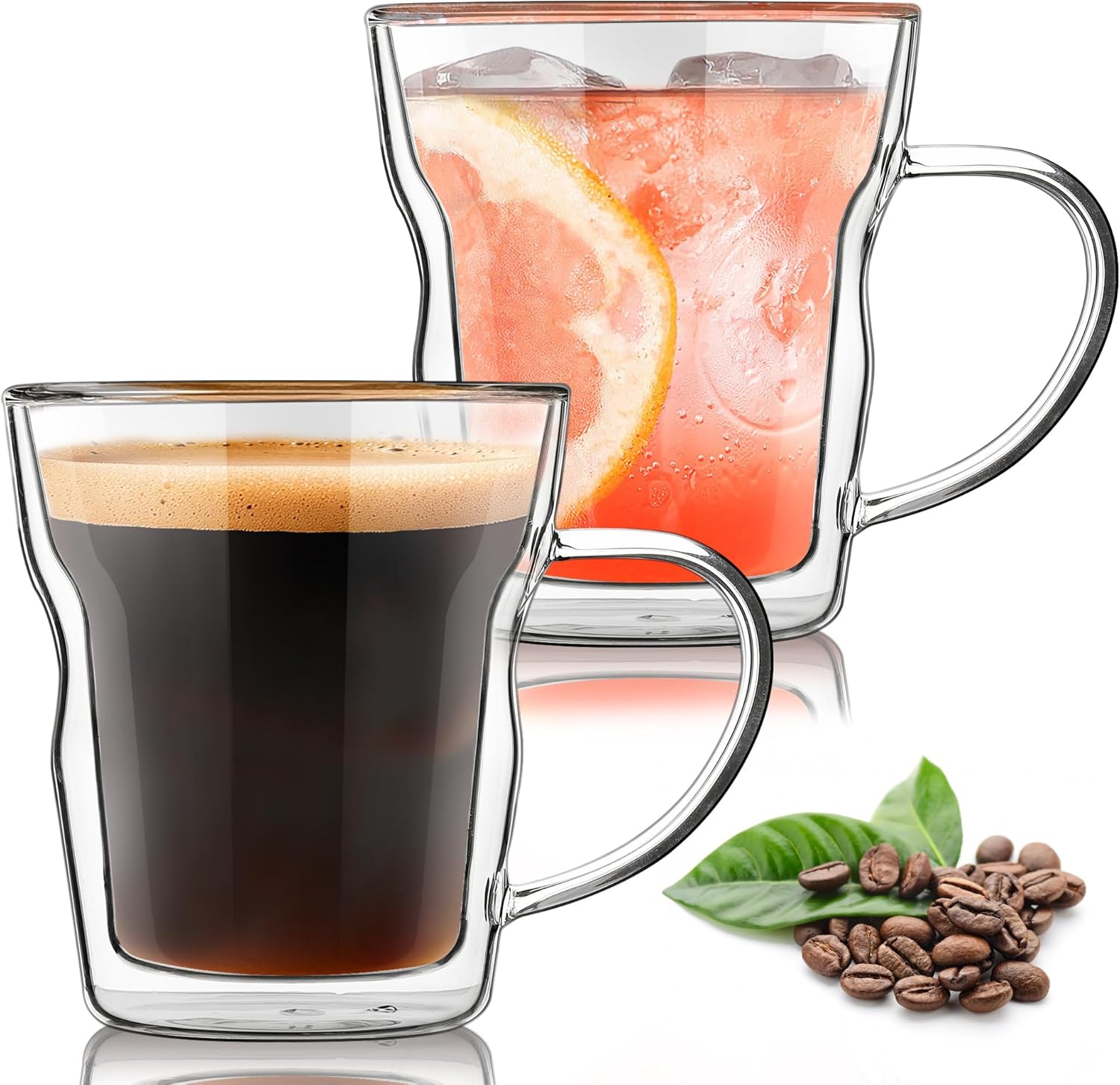 Joeyan 12oz Double Wall Insulated Coffee Mugs - Set of 2, Clear Glass Coffee Mug Espresso Cup with Handle, Perfect for Home Office, Latte, Cappuccino, Beer, Iced Tea Coffee, Hot Chocolate& Gift