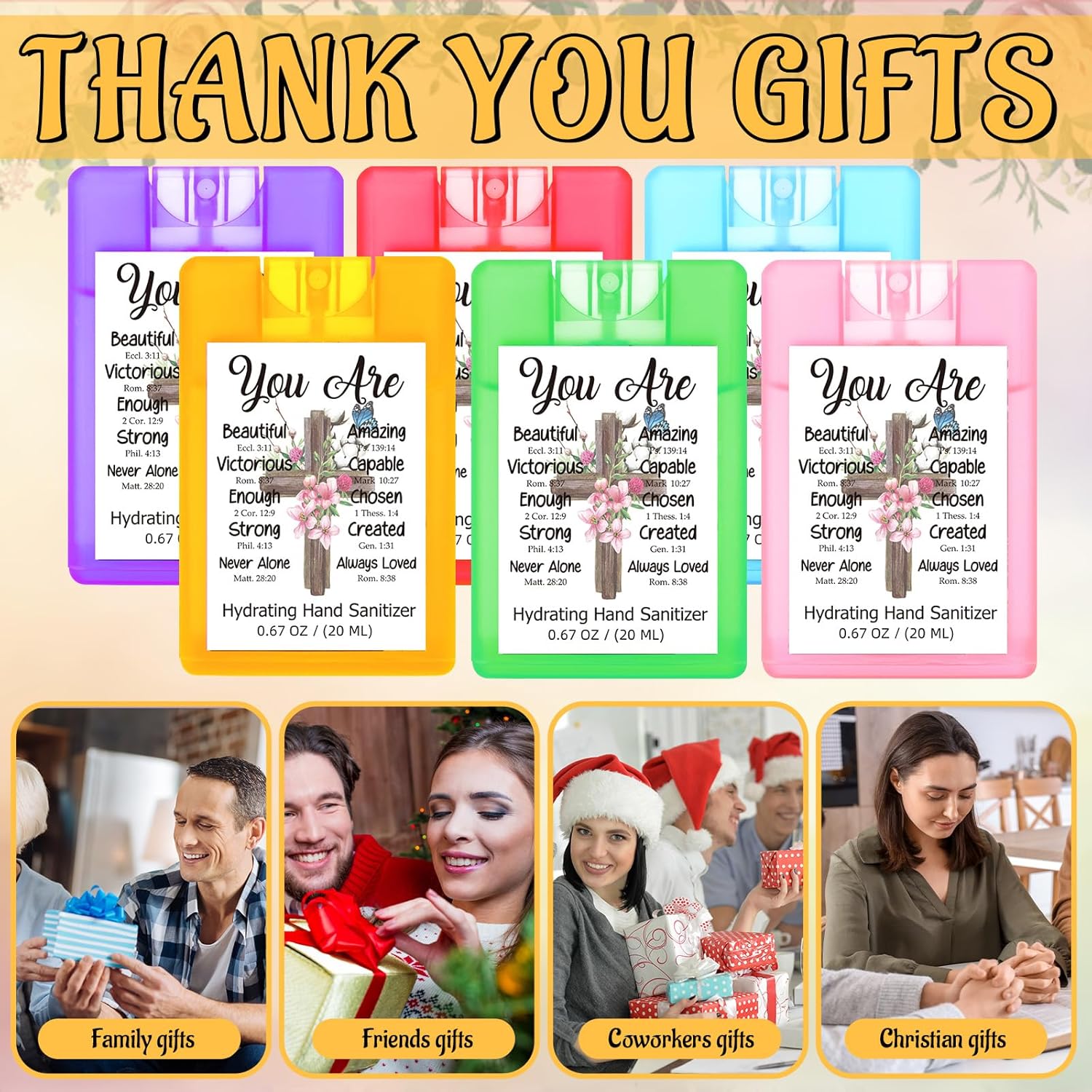 Frienda 24 Pcs Christian Gifts for Women Travel Size Hand Sanitizer Spray Bulk Mini Power Mist Religious Inspirational Gift for Baptism Christian Church Group Women's Day Easter Party Favor(Fresh)