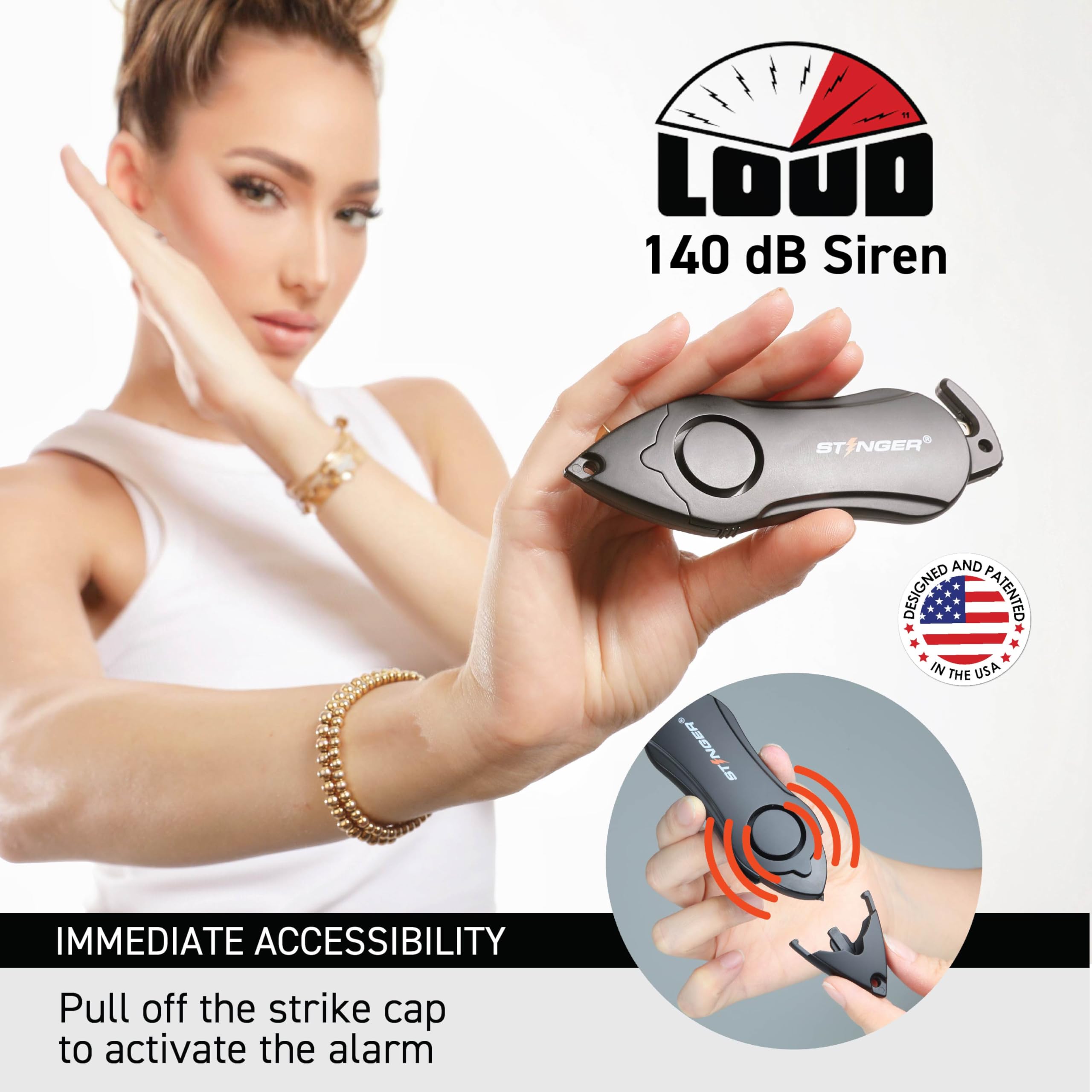 Stinger USA 140 dB Sirene persönlicher Sicherheitsalarm, Schlüsselanhänger, Notfallwerkzeug, Schwarz