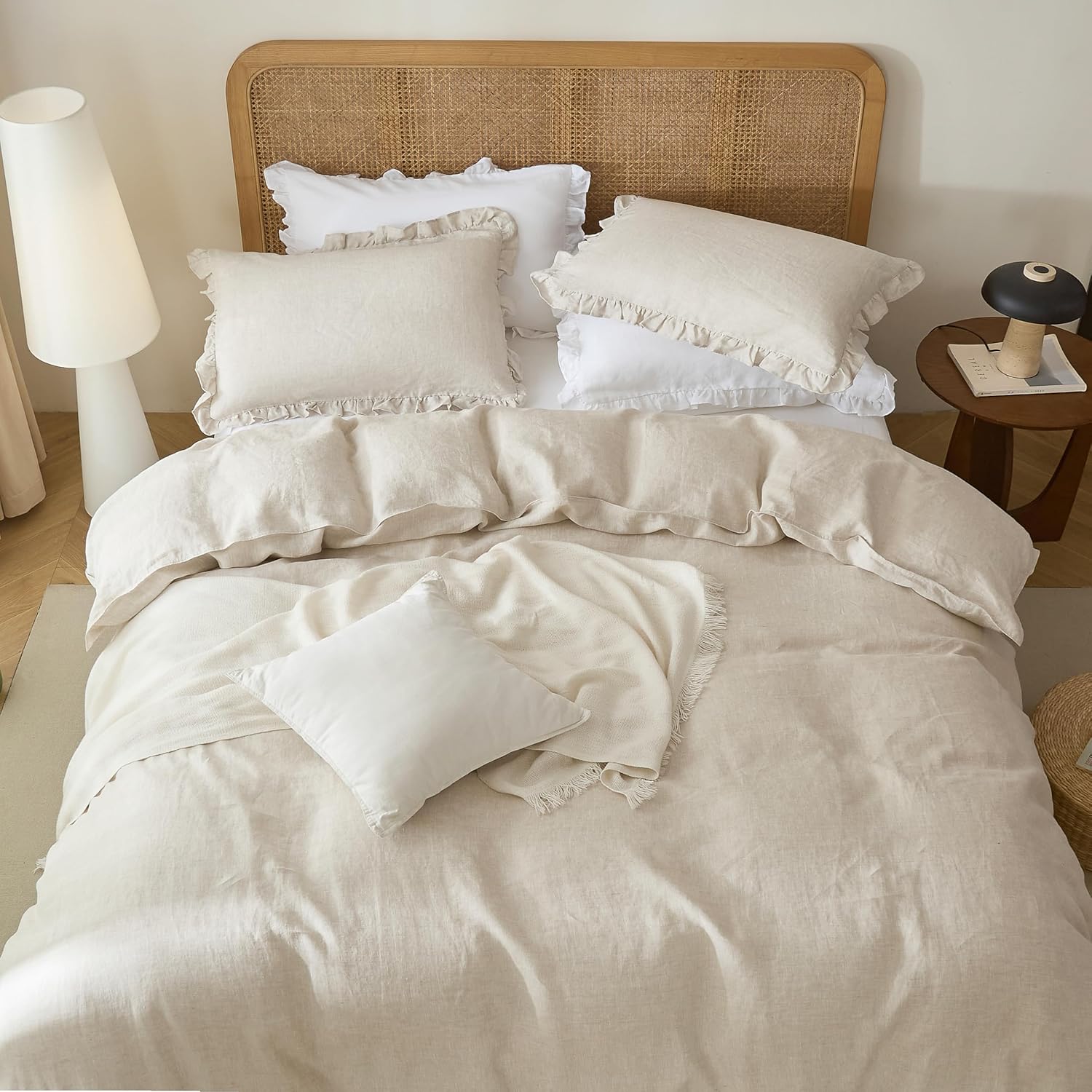 Talasily 100% French Linen Duvet Cover Set 3pc - Zipper Closure & 8 Corner Ties with Ruffled Pillowcases All-Season Breathable Bedding (Queen,Natural Linen) - Image 7